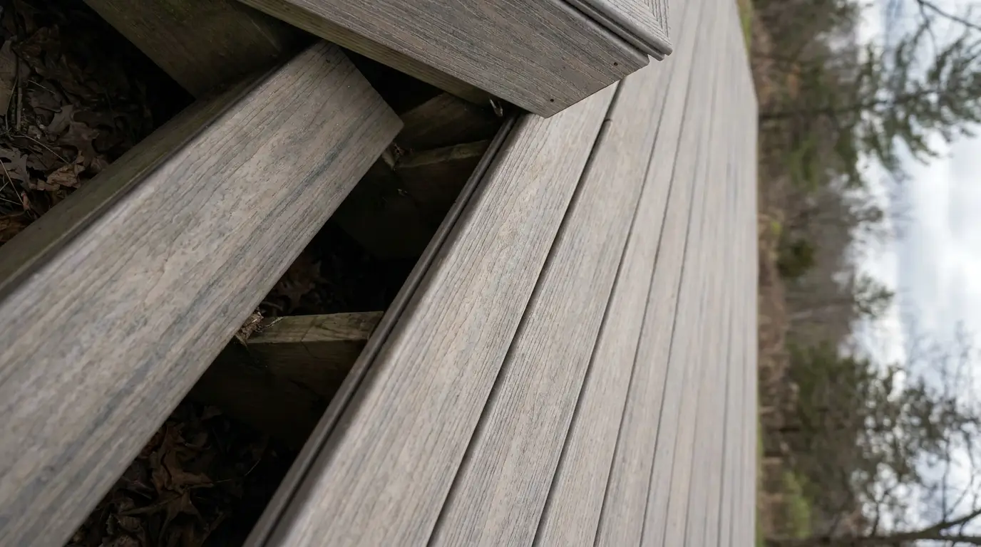 Close-up of wooden deck boards outdoors surrounded by leaf litter and trees