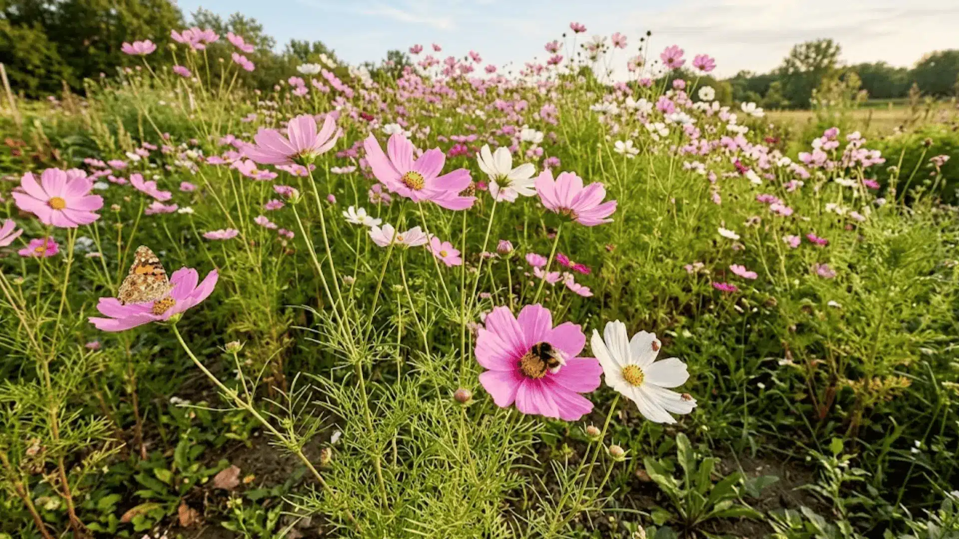 delicate pink and white cosmos flowers with feathery green stems in a natural garden setting