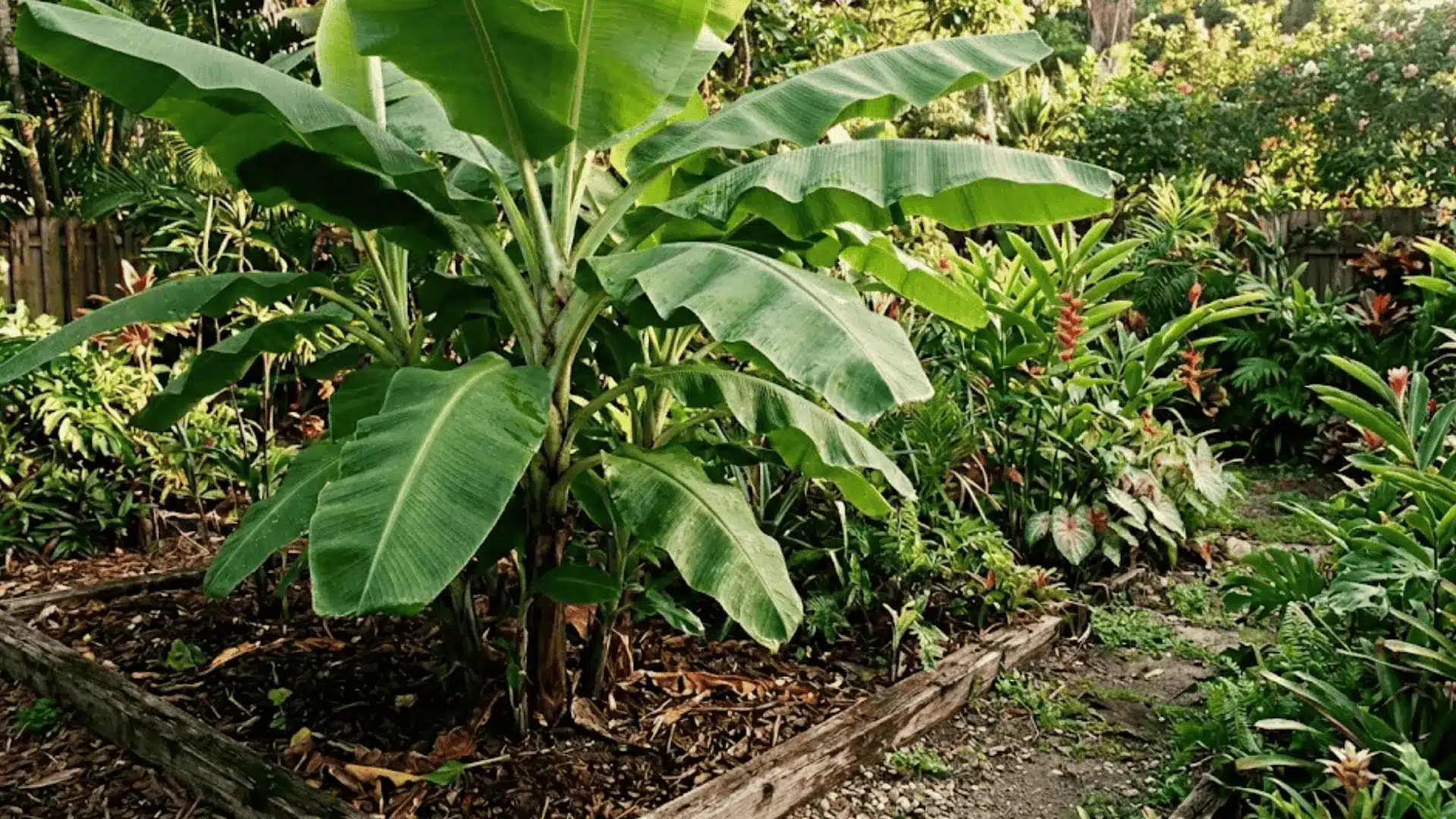 dense banana plant with moisture on leaves in a humid tropical home garden under warm late afternoon light