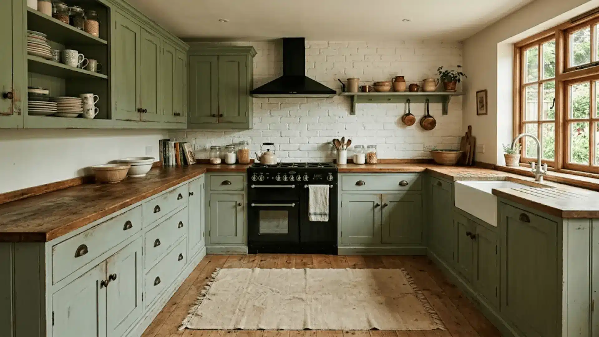 distressed sage green painted kitchen cabinets with worn edges and antique iron hardware in warm light