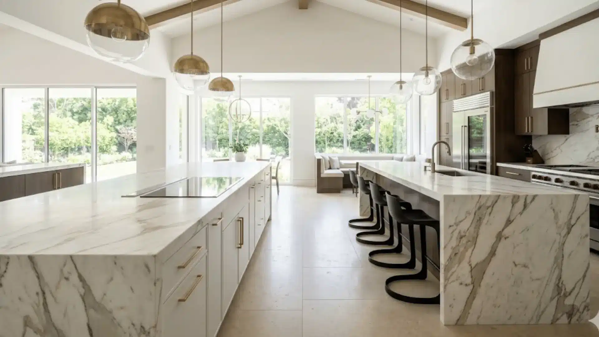 double calacatta marble kitchen island layout with cooktop and seating in a spacious luxury kitchen with high ceilings