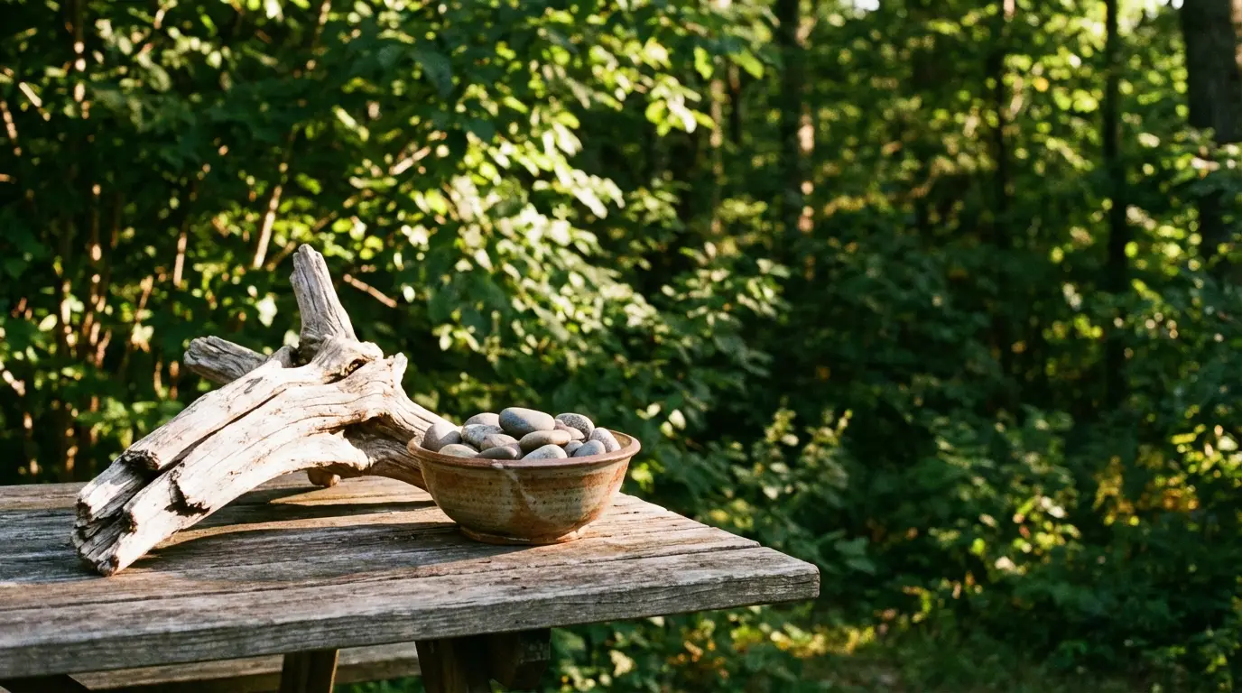 Ceramic bowl with stones and driftwood on rustic table in sunlit forest setting