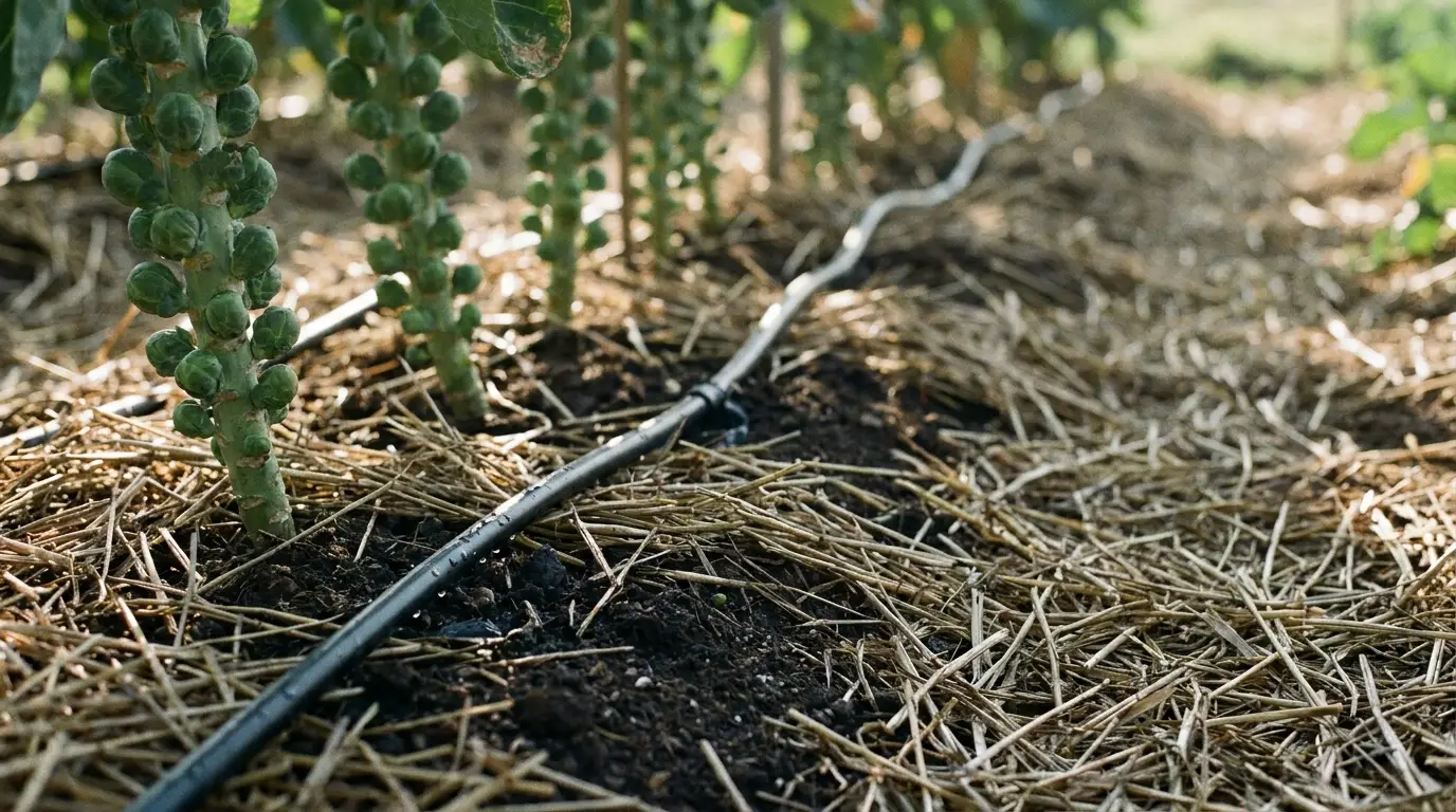 Brussels sprouts growing in outdoor garden with drip irrigation system and straw mulch