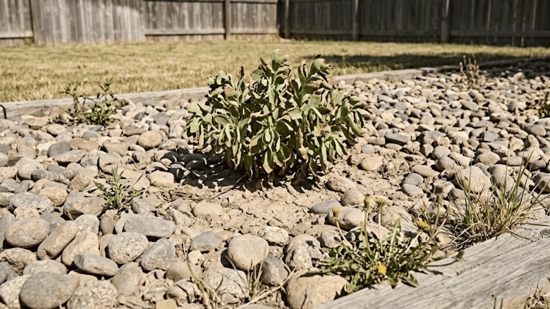 dry cracked soil visible between sun-bleached river rocks in a stressed residential flower bed
