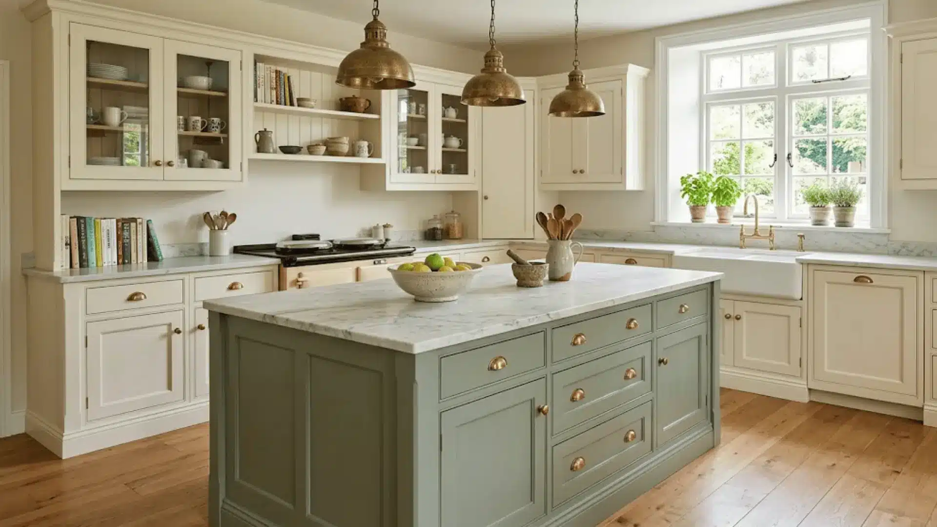 dusty sage green kitchen island with cream cabinetry and brass pendants in a traditional kitchen
