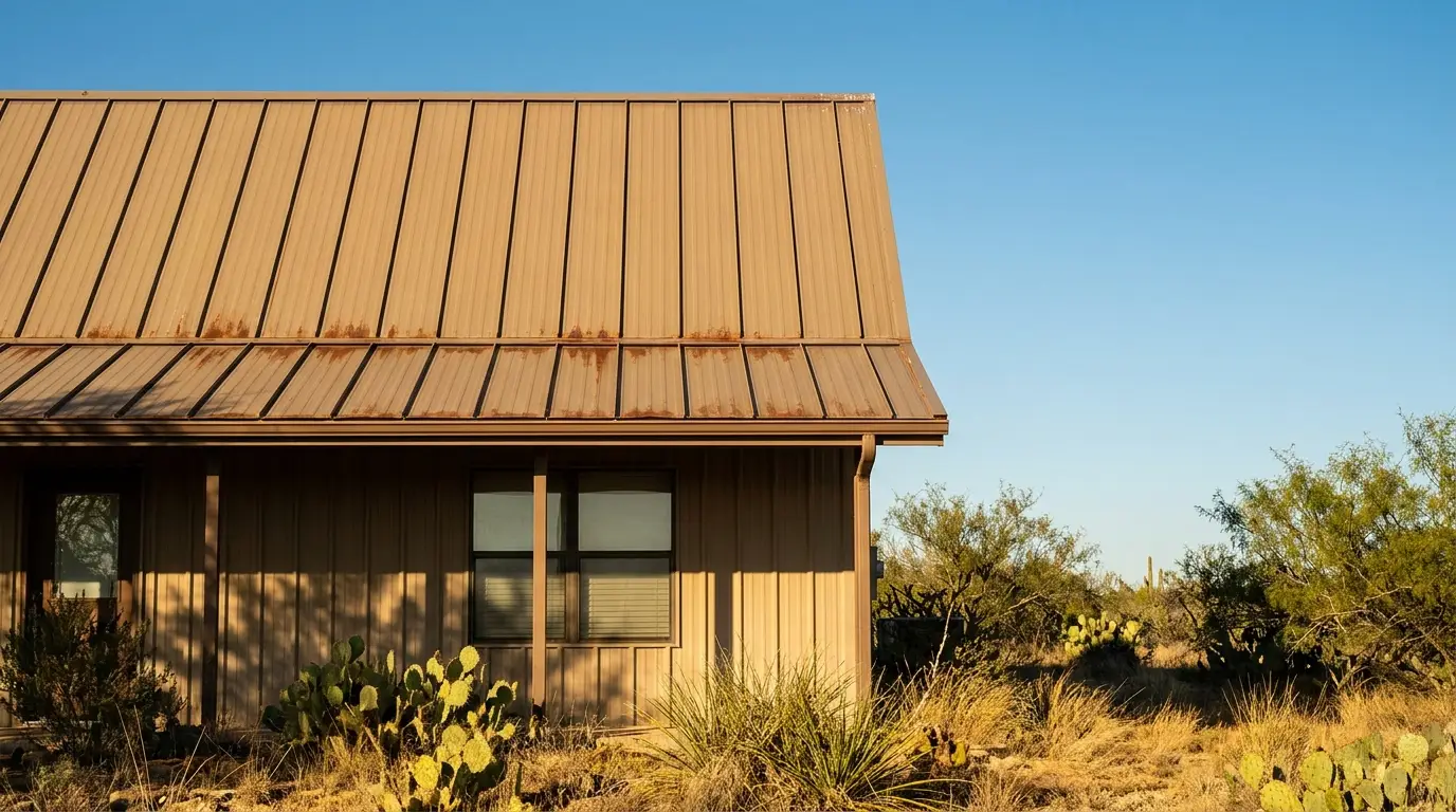 Metal-roofed house with rust patches amid desert landscape and cactus under clear blue sky
