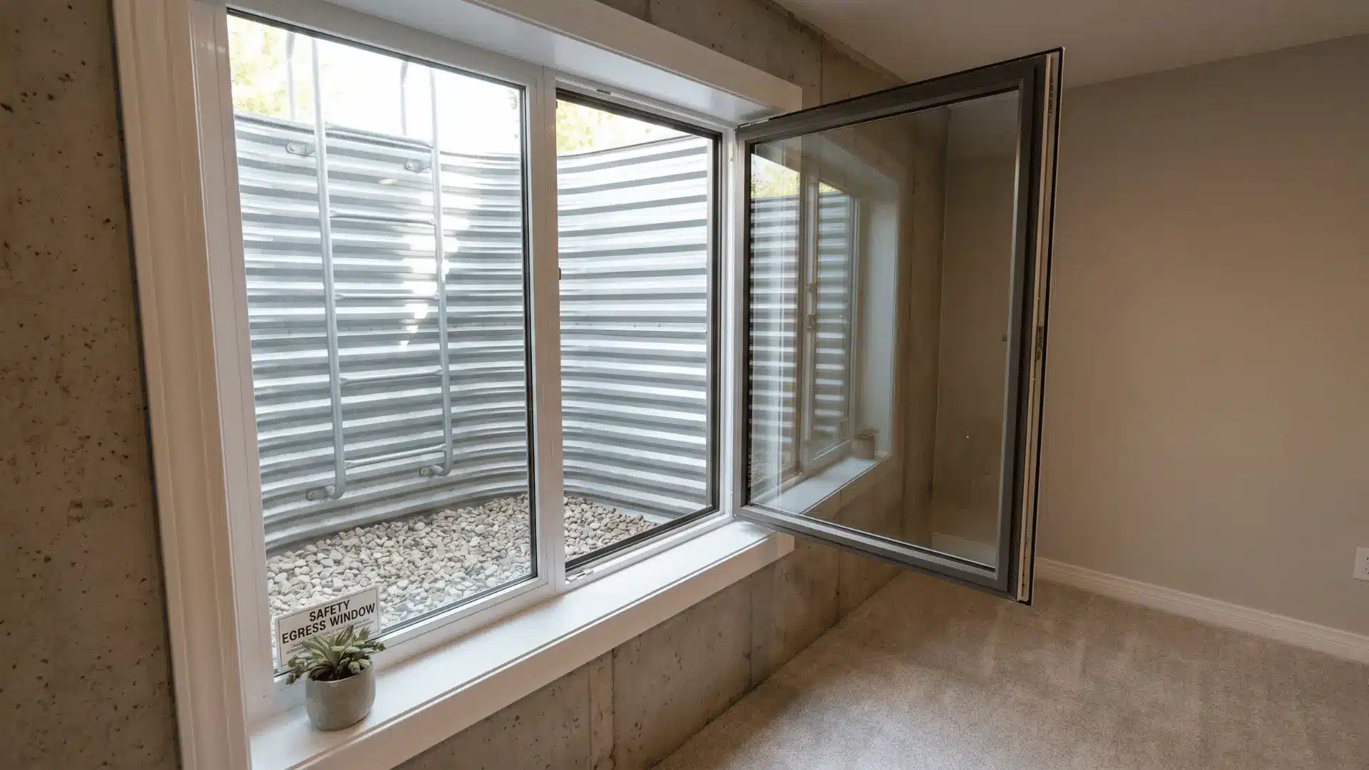 Open egress window in basement with gravel well and safety sign