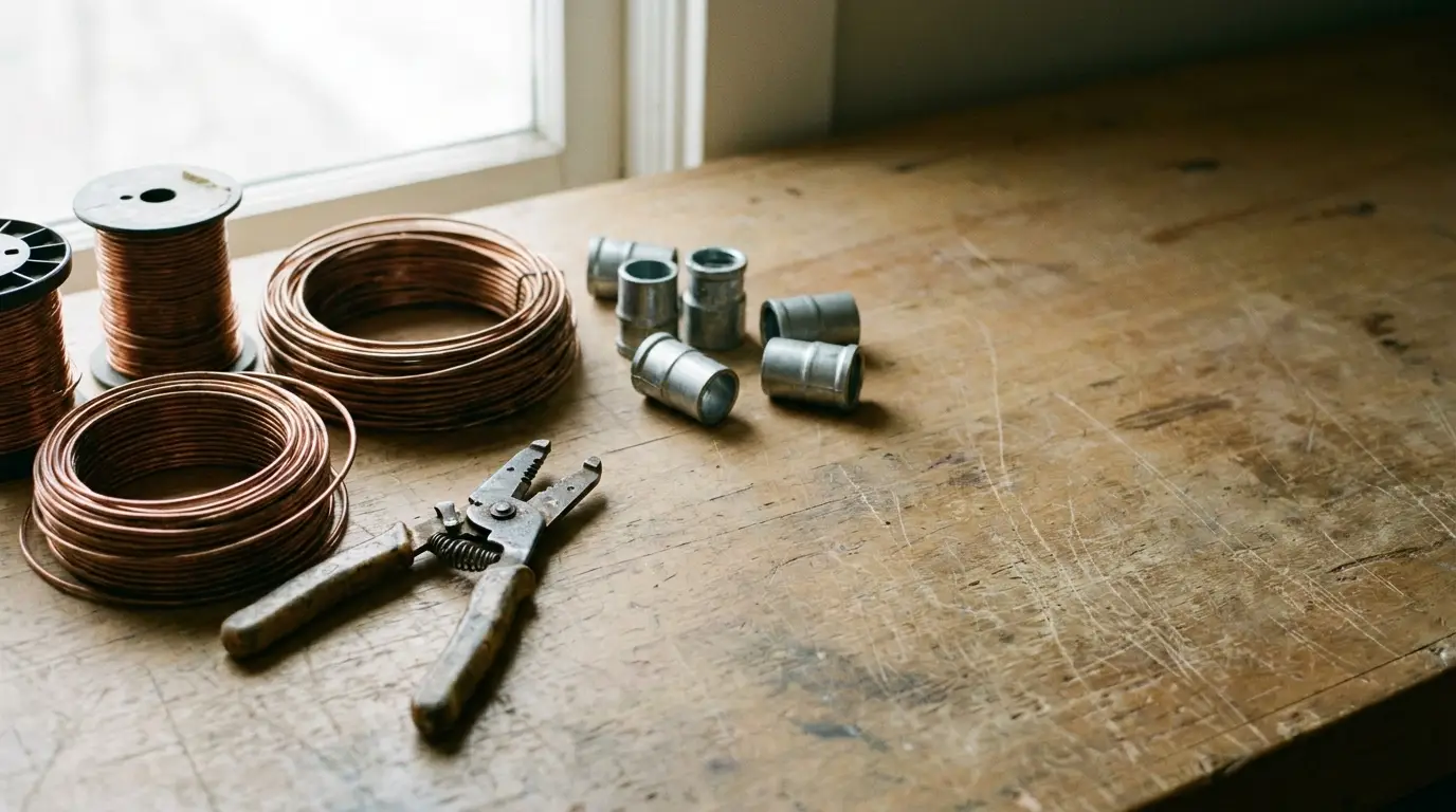 Coiled copper wire and pliers on wooden workbench near window in natural light