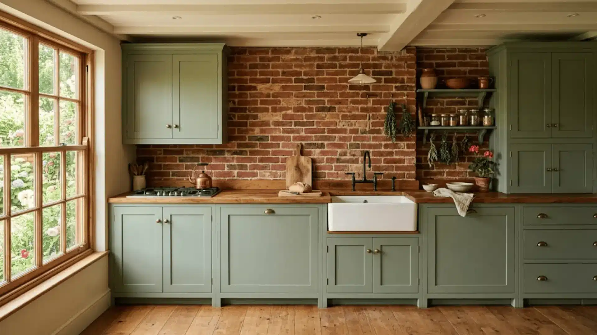 exposed red brick backsplash behind sage green shaker cabinets with butcher block countertop in farmhouse kitchen