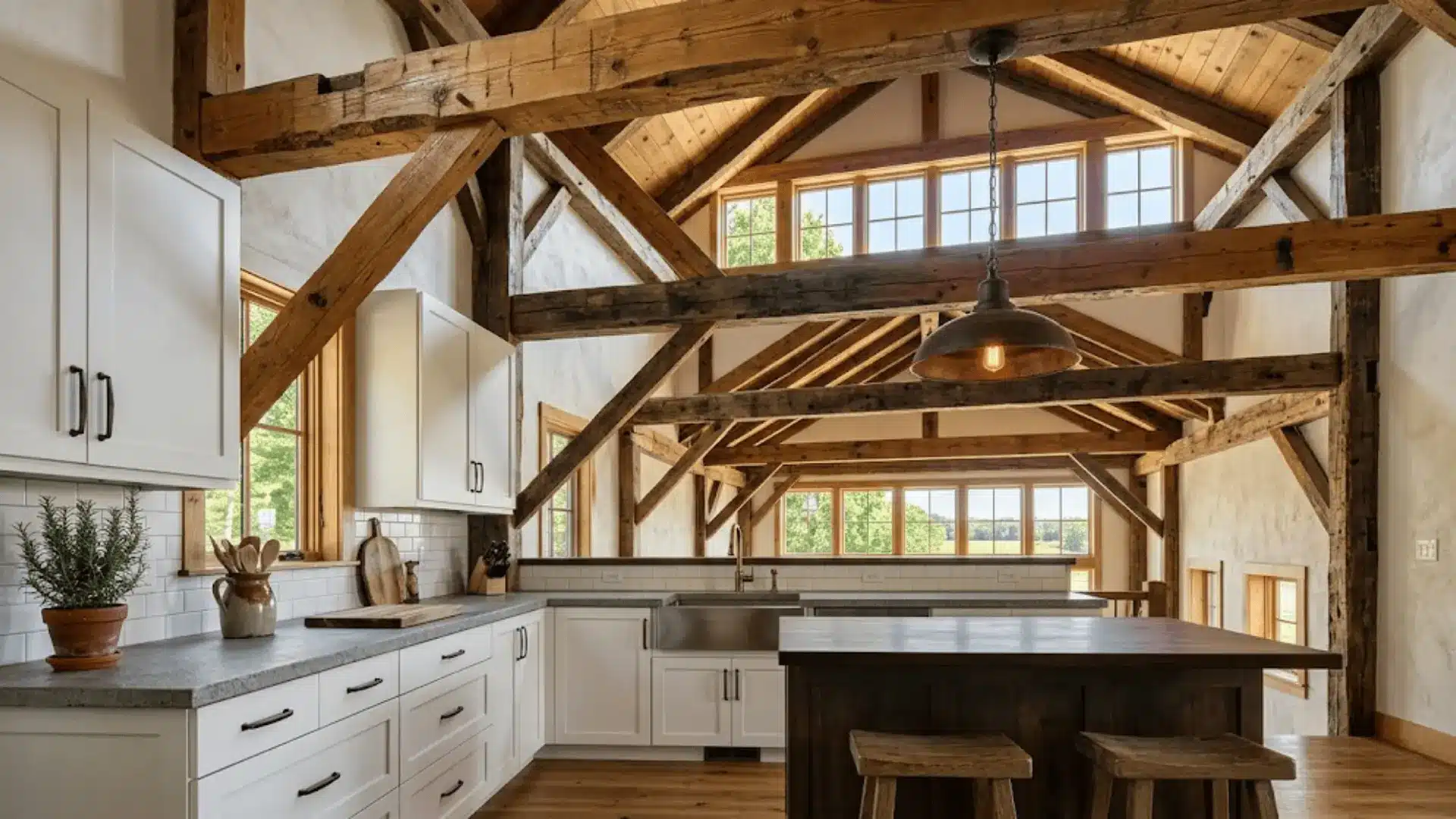 exposed wooden ceiling beams over a bright barndominium kitchen with white cabinets and stone counters