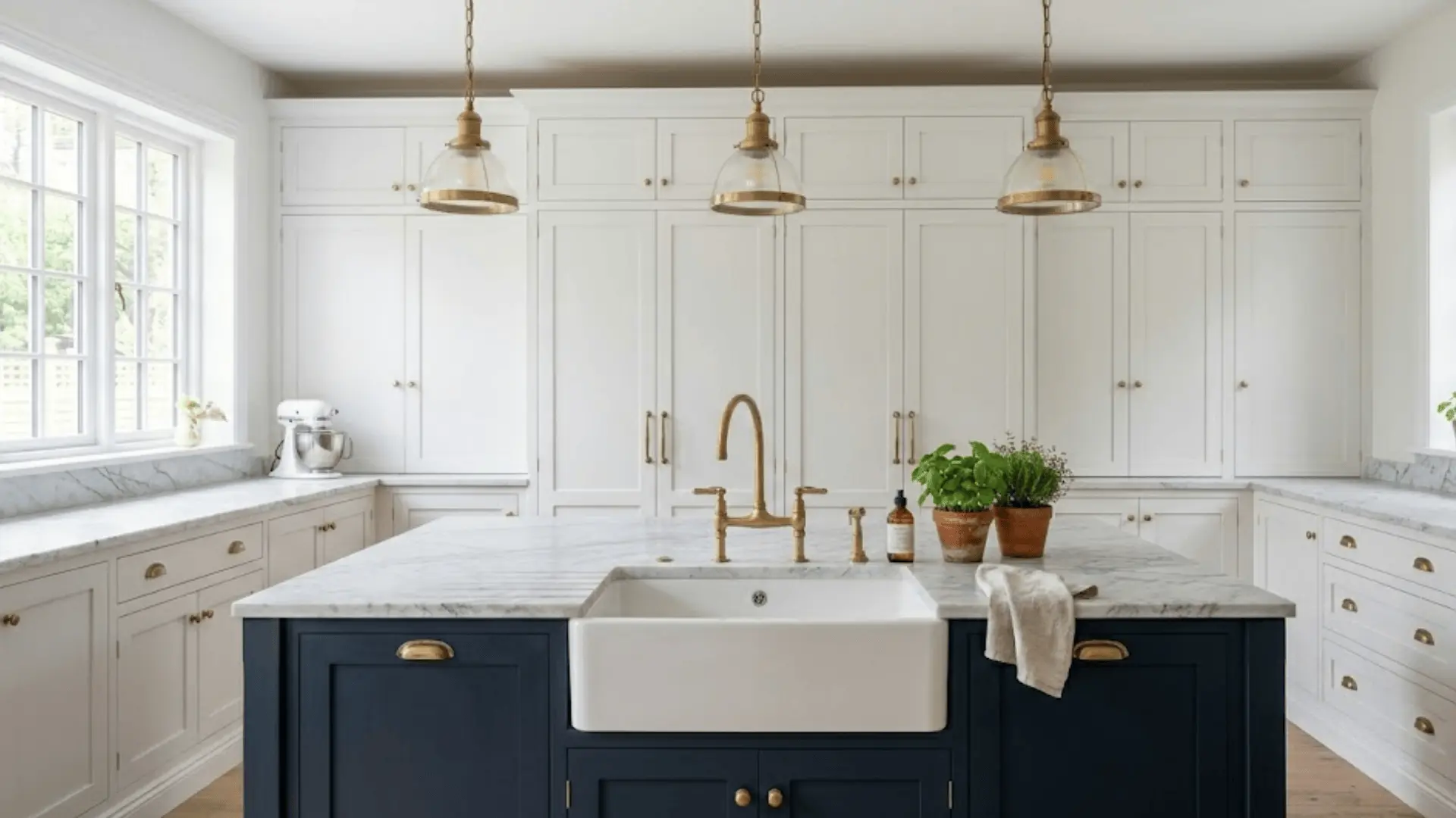 farmhouse kitchen island with integrated white ceramic sink, brass faucet, and calacatta marble countertop