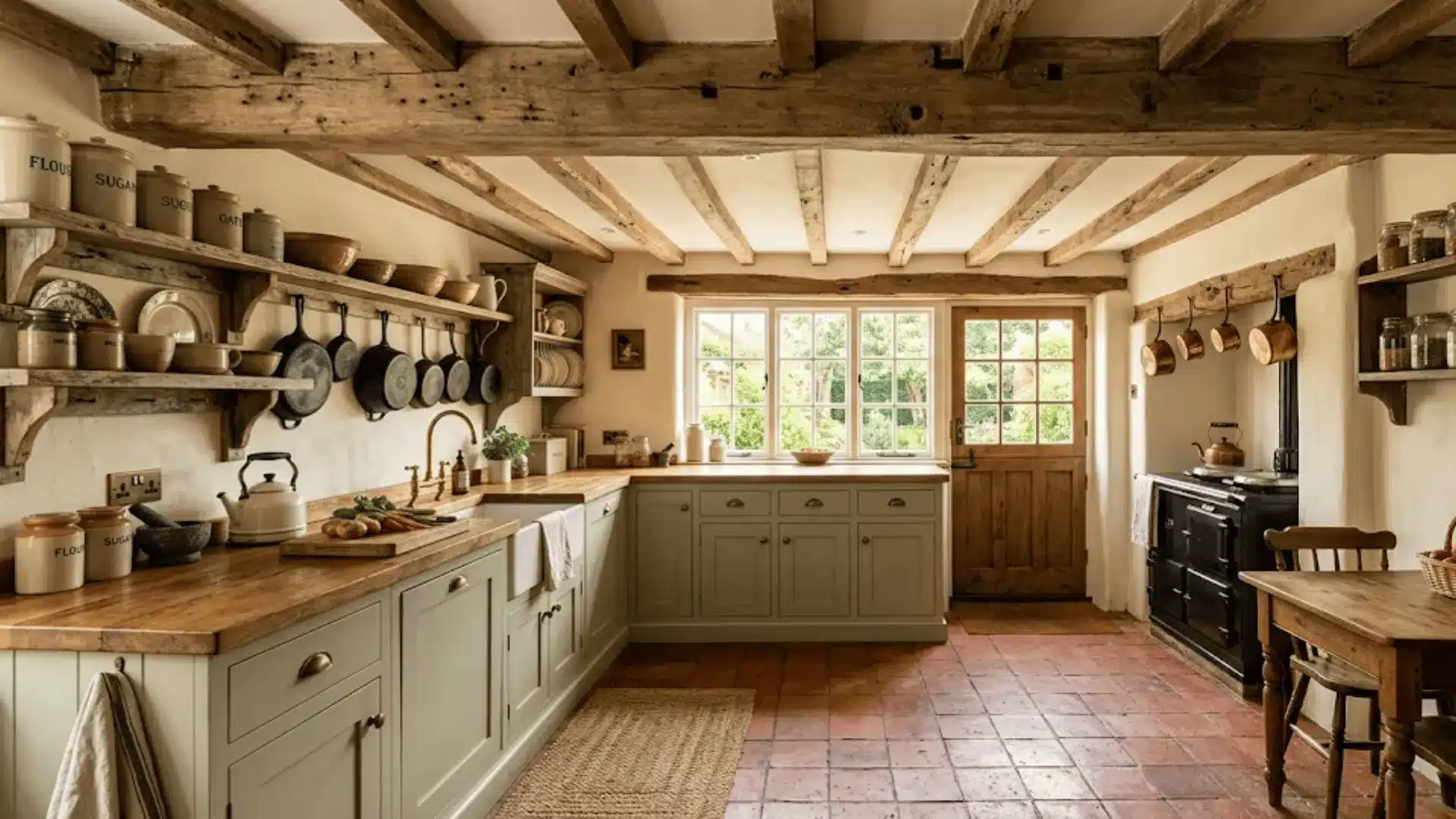 farmhouse kitchen with sage green base cabinets and weathered reclaimed wood ceiling beams