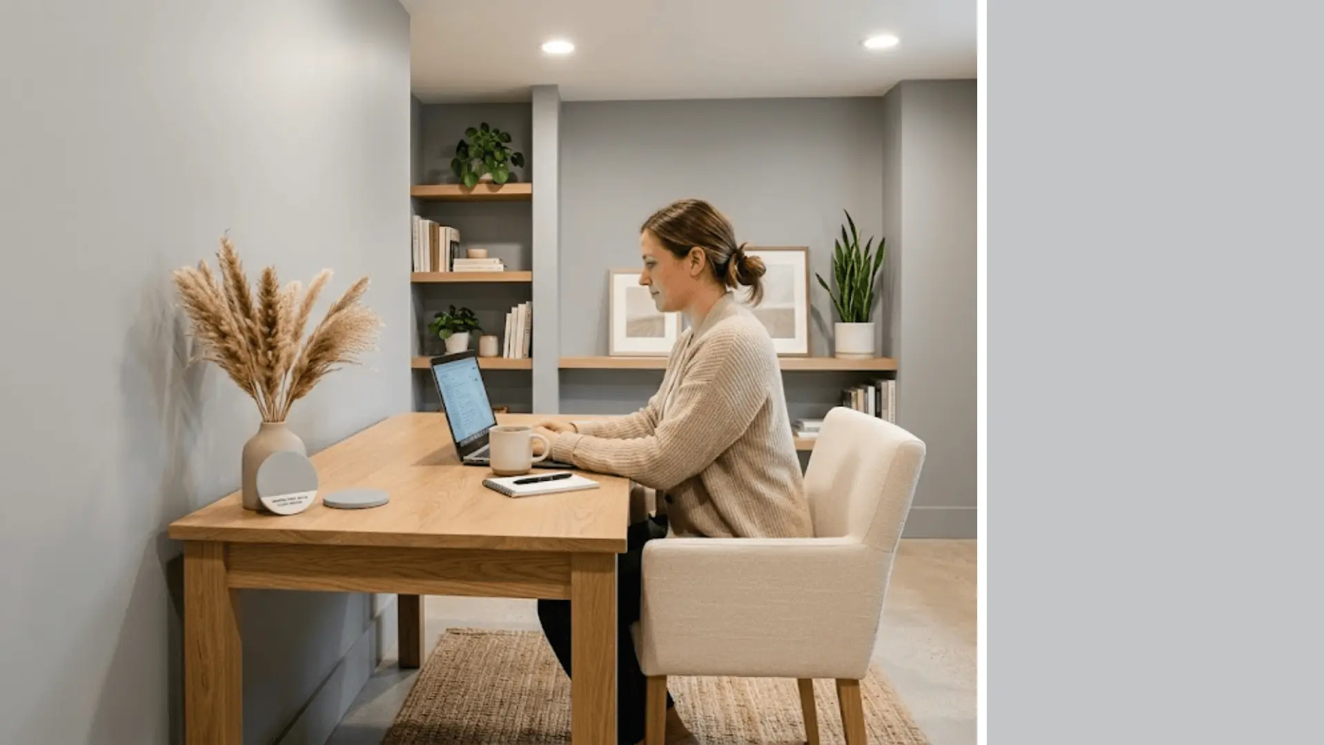 filtered shade 4003-1b balanced neutral medium-light gray basement office with ceramic swatch