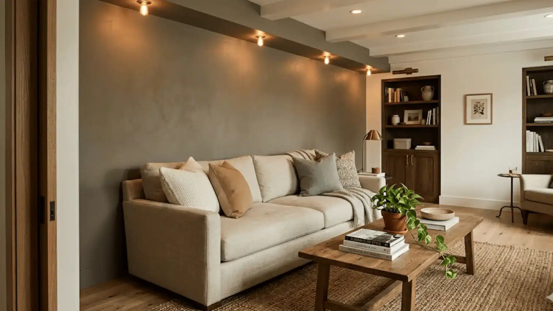 finished basement living room with greige accent wall warm white contrast and layered natural textures