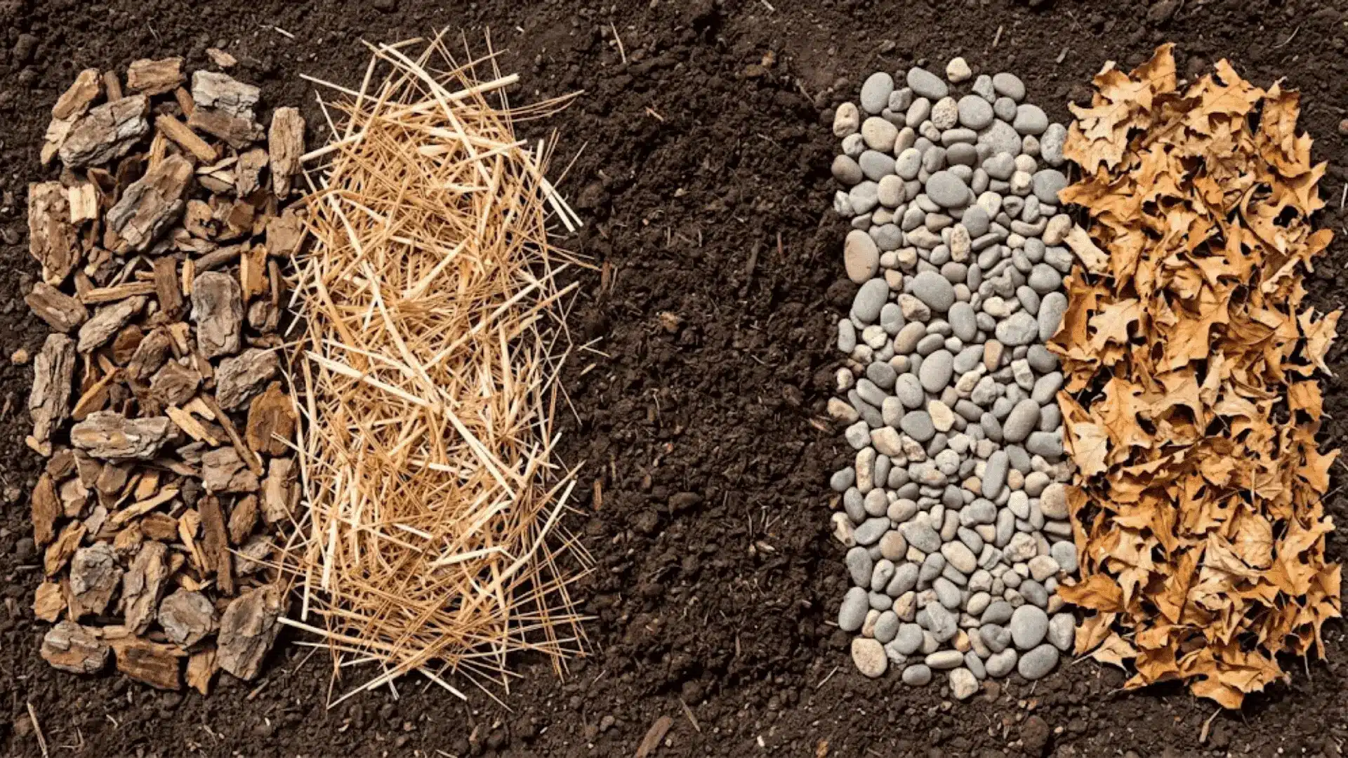 five natural mulch alternatives arranged side by side including bark, straw, compost, gravel, and shredded leaves