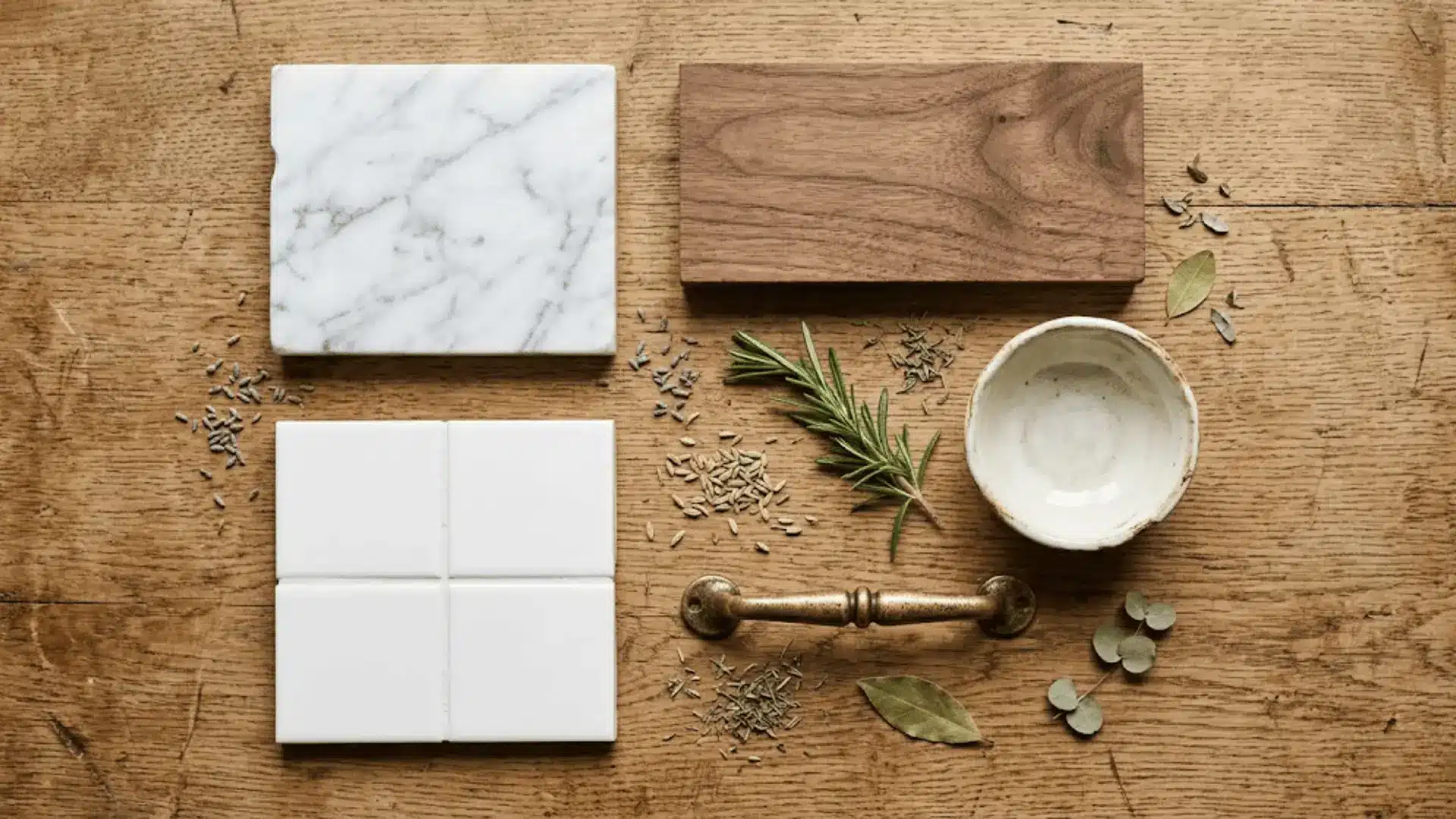 flat lay of traditional kitchen material samples including marble walnut subway tile and brass hardware on oak surface