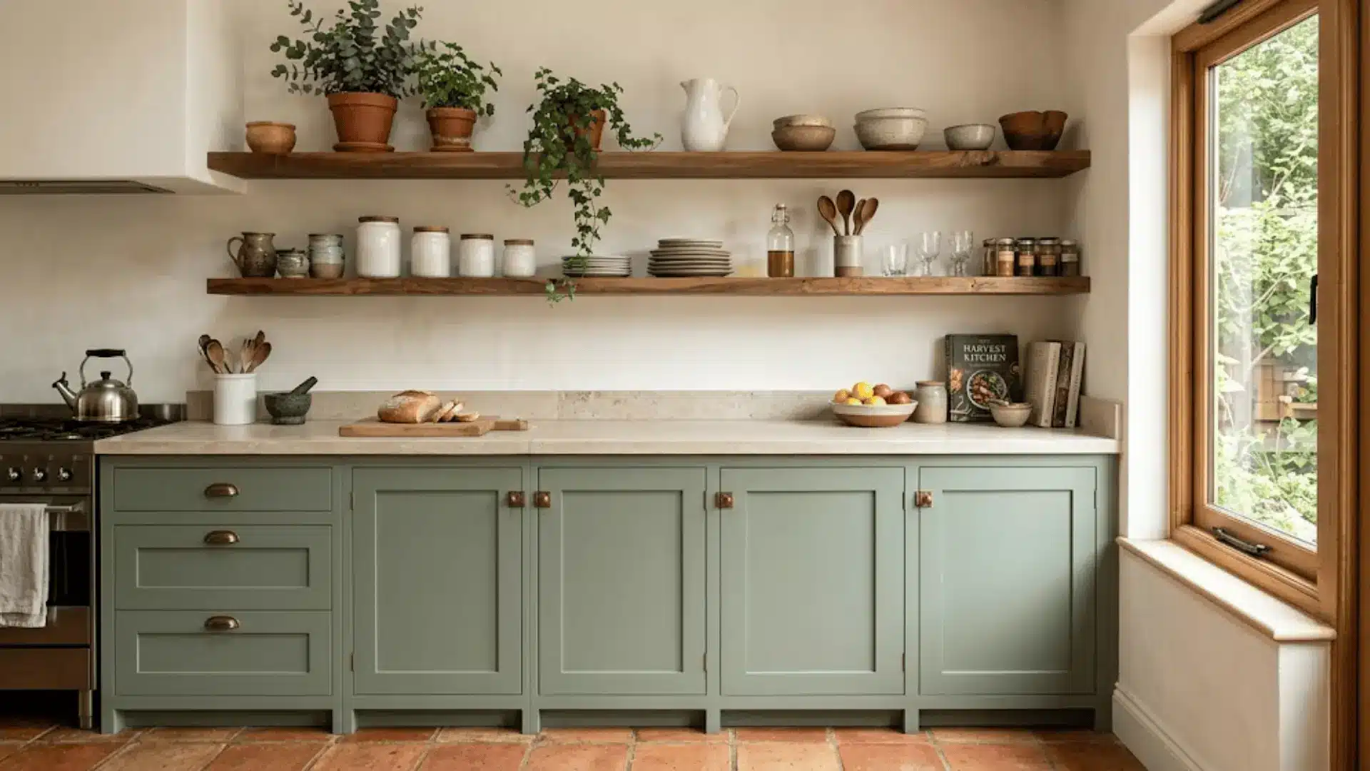 floating thick walnut wood shelves above sage green lower kitchen cabinets with terracotta floor and white plaster walls