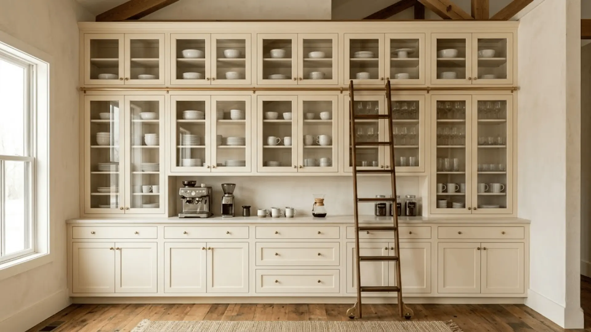 floor-to-ceiling cream cabinetry with rolling library ladder in a high-ceilinged barndominium kitchen