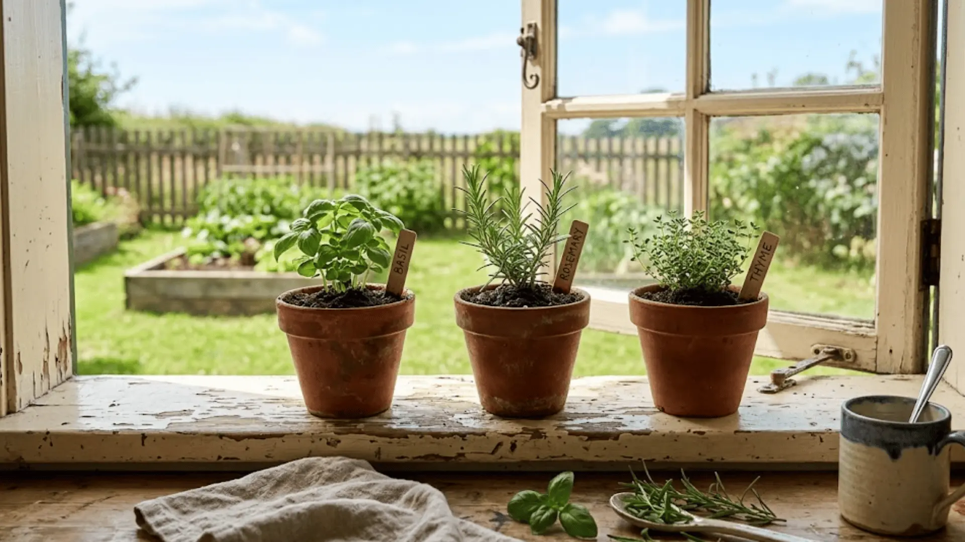 fresh basil, rosemary, and thyme growing in terracotta pots on a sunlit rustic kitchen windowsill