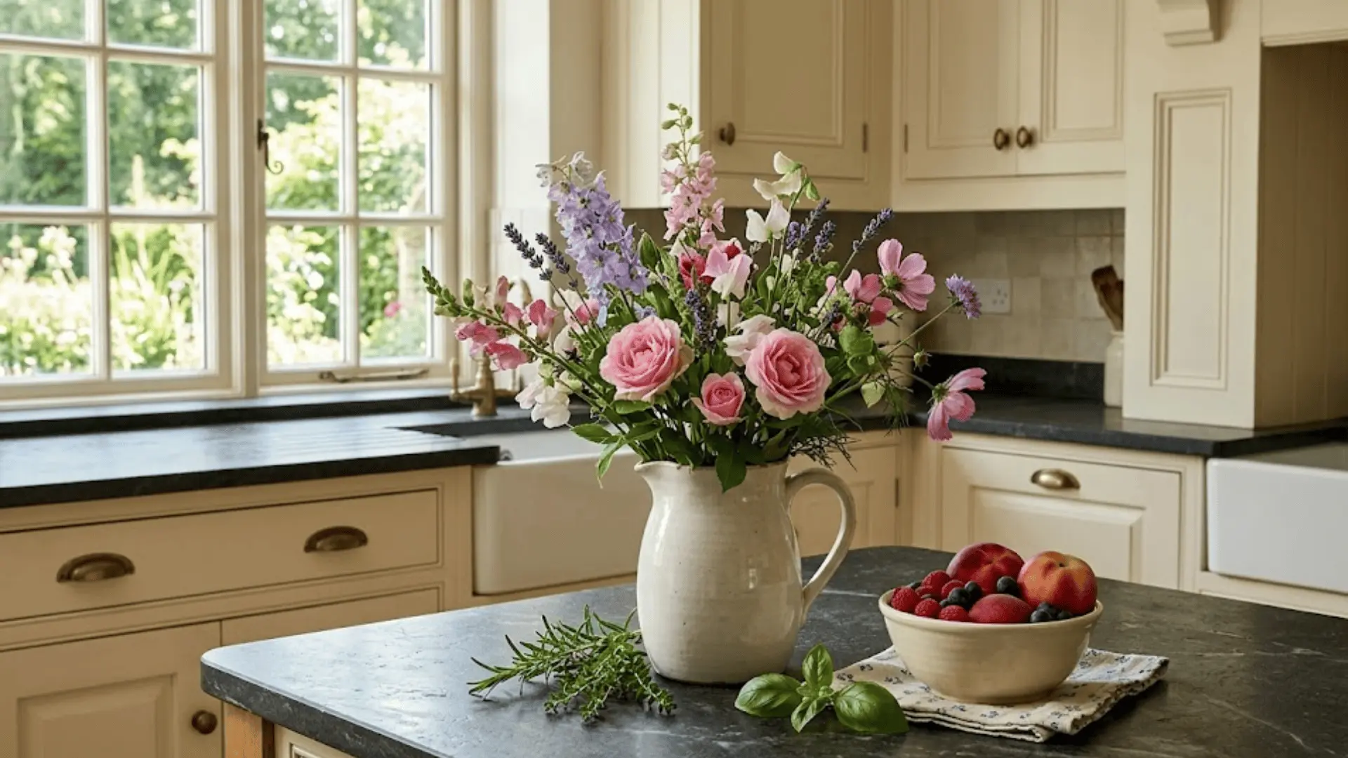 fresh garden flowers in cream ceramic pitcher on a traditional kitchen countertop in soft natural light