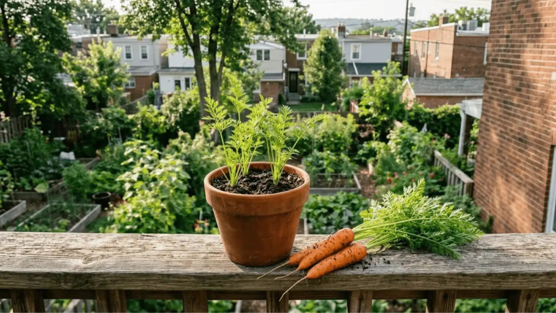 freshly harvested nantes carrots with green tops resting beside a terracotta pot on a sunlit wooden balcony