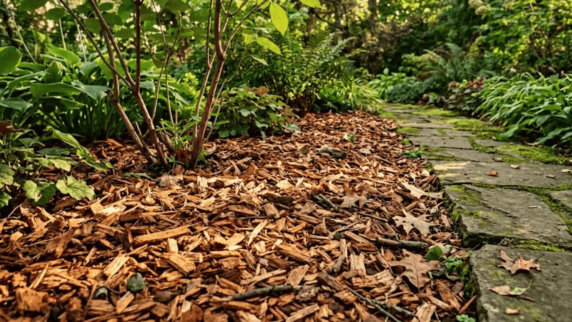freshly laid reddish-brown cedar mulch in a garden bed with green shrubs and a stone pathway