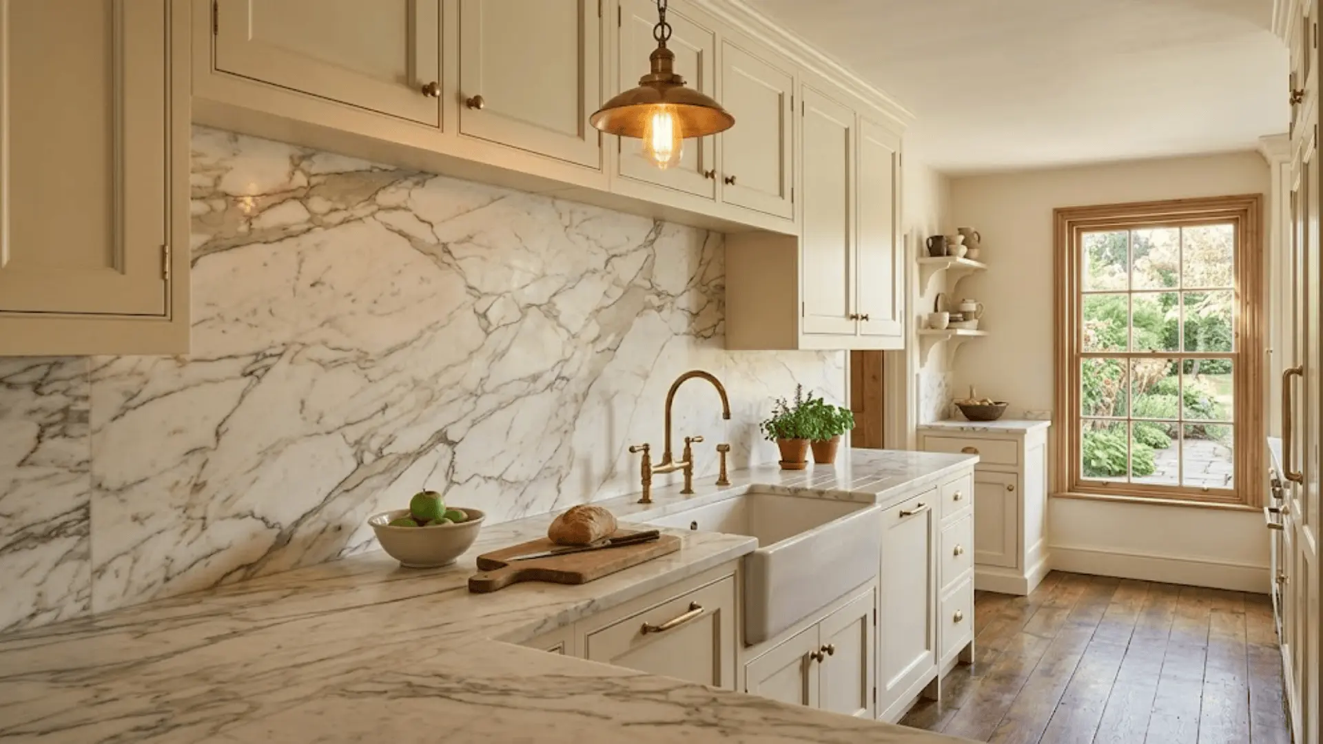 full-height marble backsplash running from countertop to upper cabinets in a traditional cream kitchen