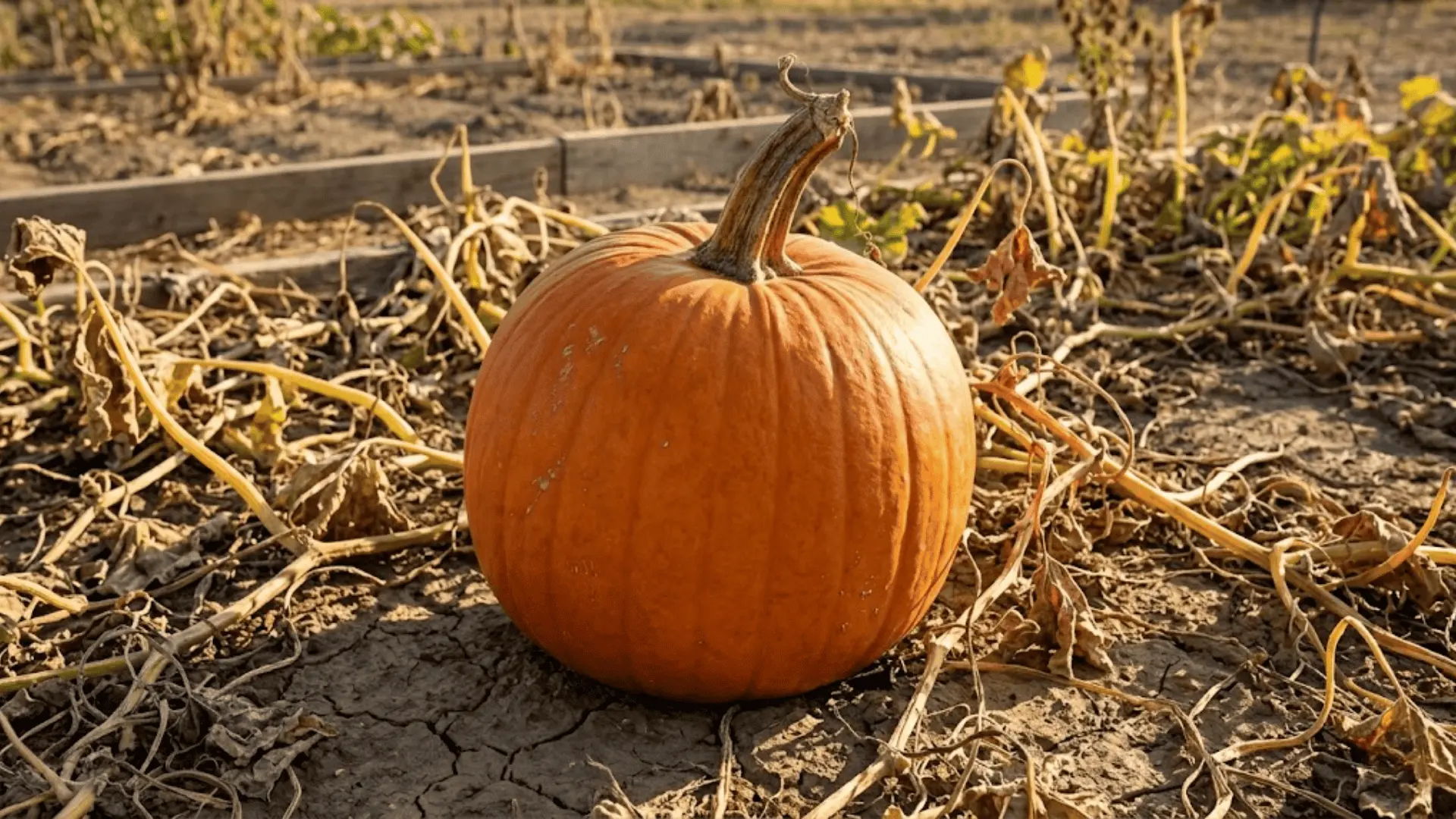 fully mature deep orange pumpkin with dried corky stem resting on earth among spent vines