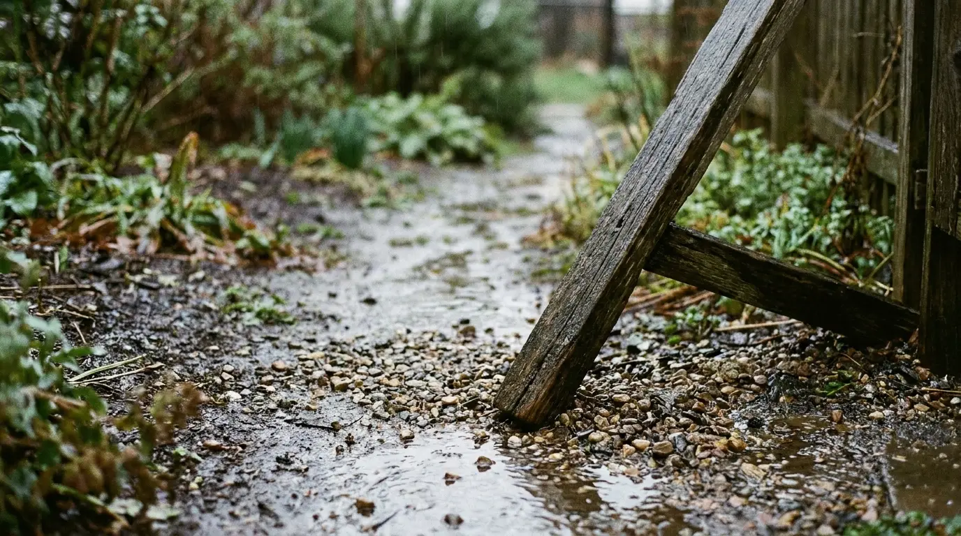 Narrow muddy garden path with wooden fence and scattered pebbles on rainy day