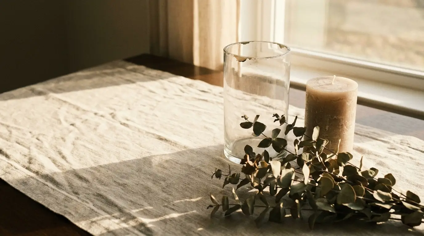 Glass vase and brown candle on linen tablecloth with eucalyptus branches in sunlight