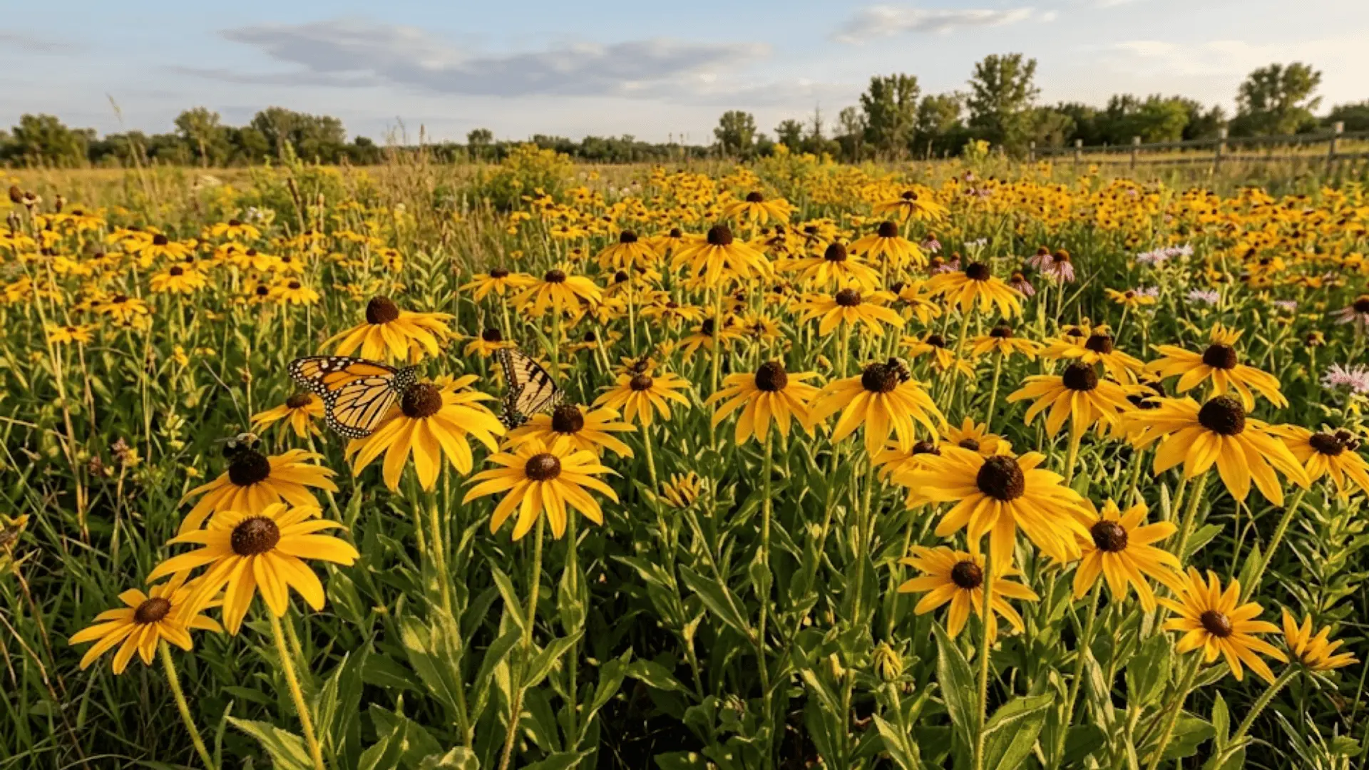 golden black-eyed susans with dark brown centers blooming in a naturalistic garden with butterflies