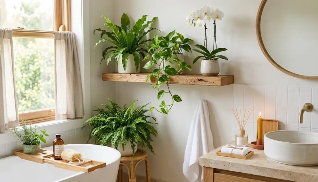 Indoor bathroom with potted plants on wooden shelf, white sink, and natural light from window