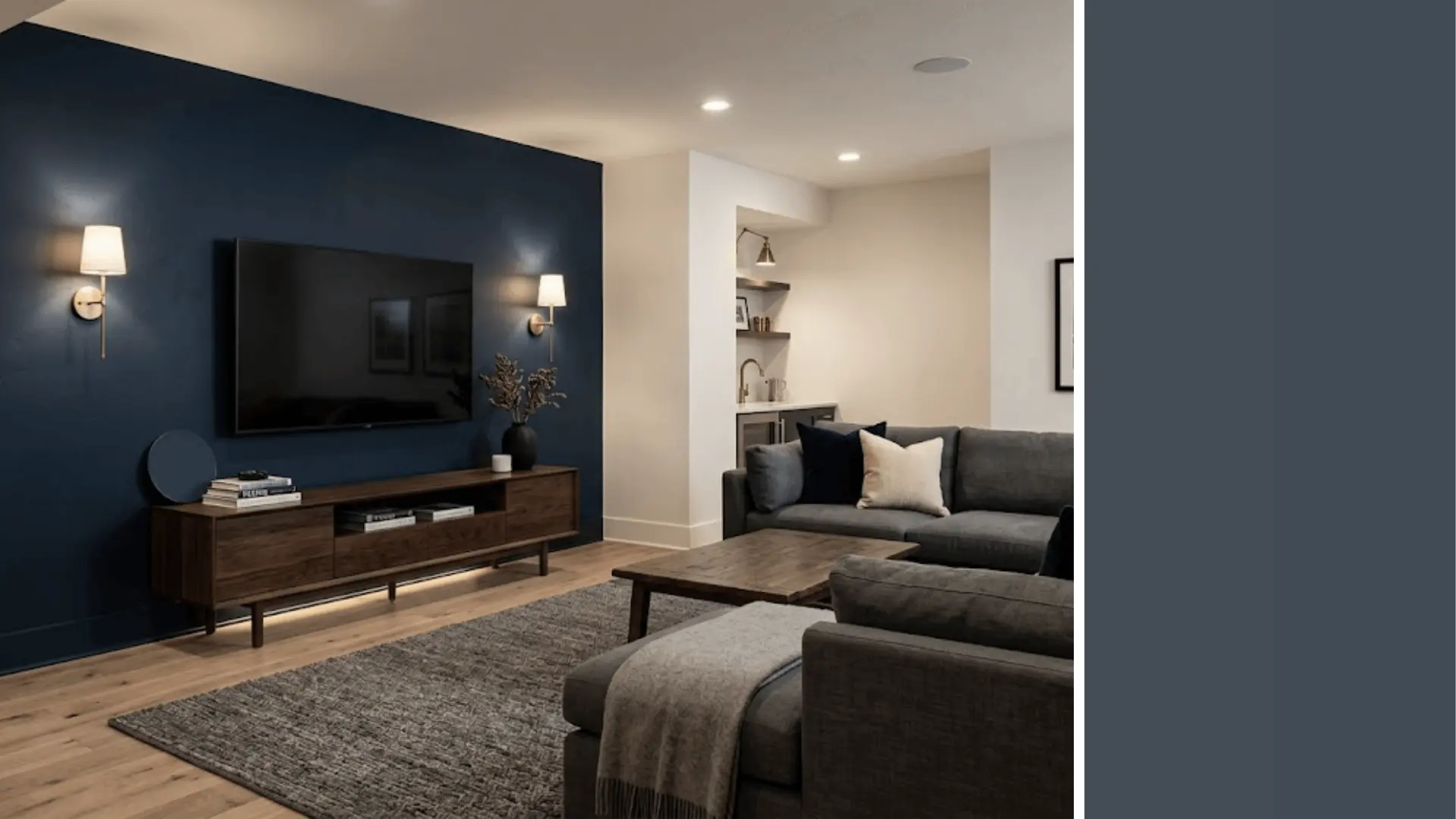 hale navy hc-154 deep navy basement accent wall with slate coaster swatch