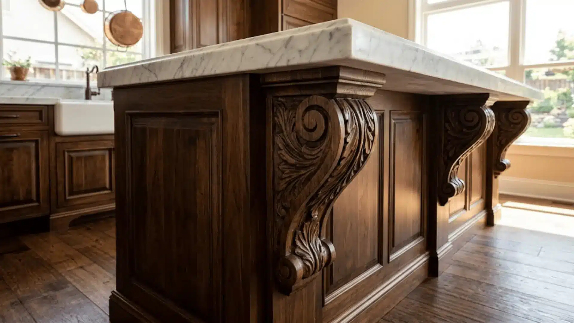 hand-carved wooden corbels supporting a marble countertop overhang on a traditional kitchen island