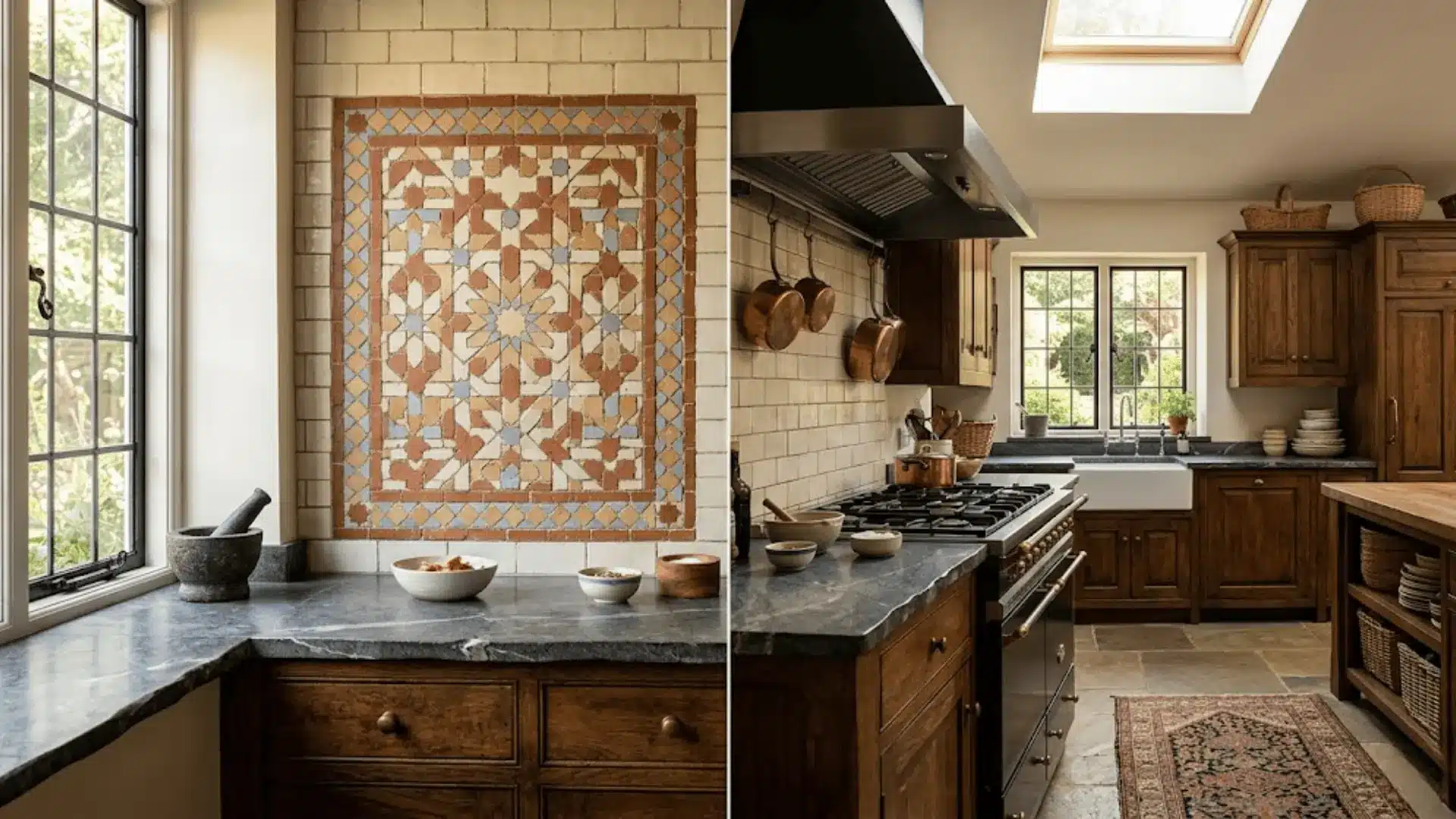 handcrafted mosaic tile accent panel behind kitchen range in warm earthy terracotta and cream tones