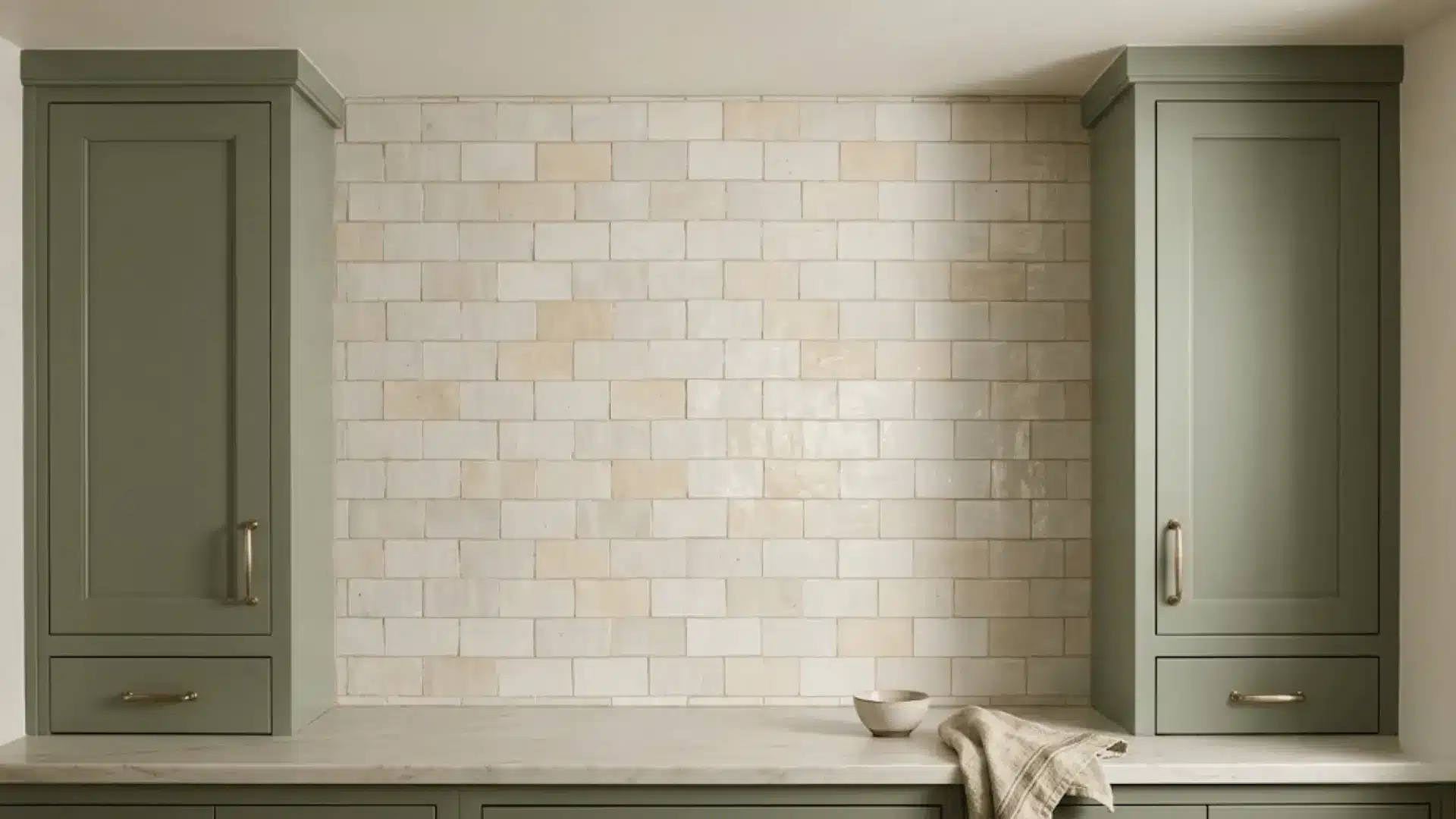 handmade off-white zellige tile backsplash with natural glaze variation behind sage green kitchen cabinets