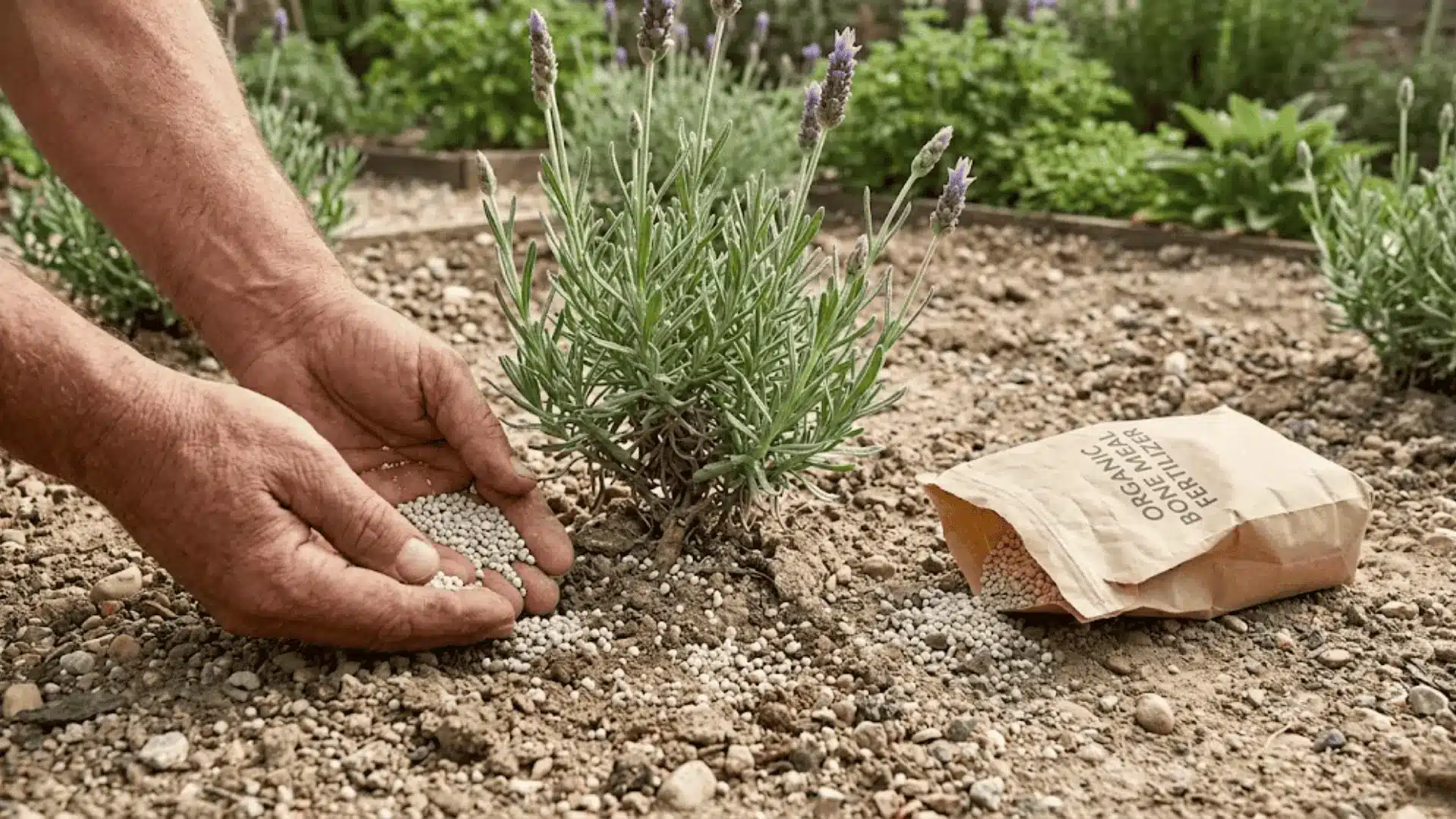 hands applying organic granular fertilizer into dry sandy soil at the base of a lavender plant in natural daylight