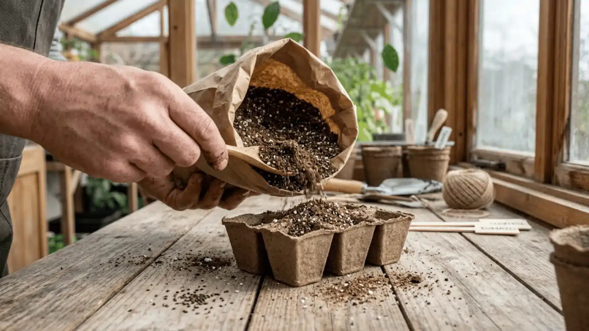 hands filling small biodegradable seed cells with light airy seed-starting mix on a wooden table