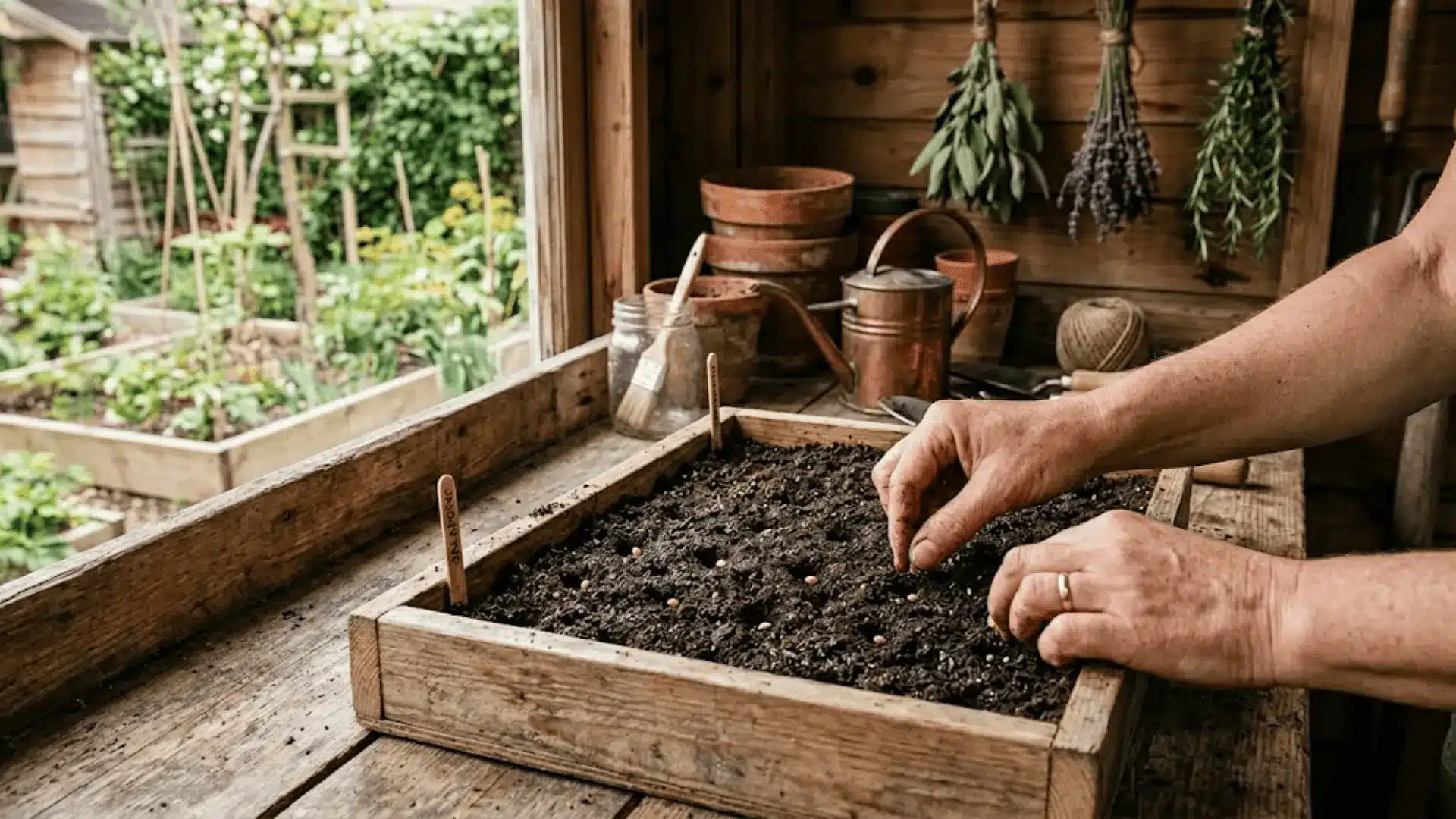 hands placing jalapeño seeds into dark moist seed-starting mix in a shallow wooden tray