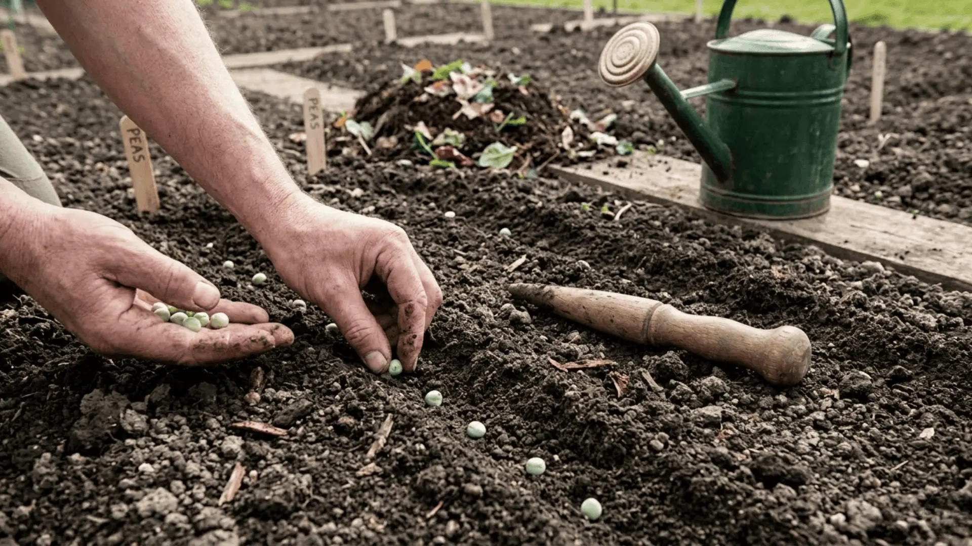 hands placing sugar snap pea seeds into dark loose soil in a kitchen garden on a spring morning
