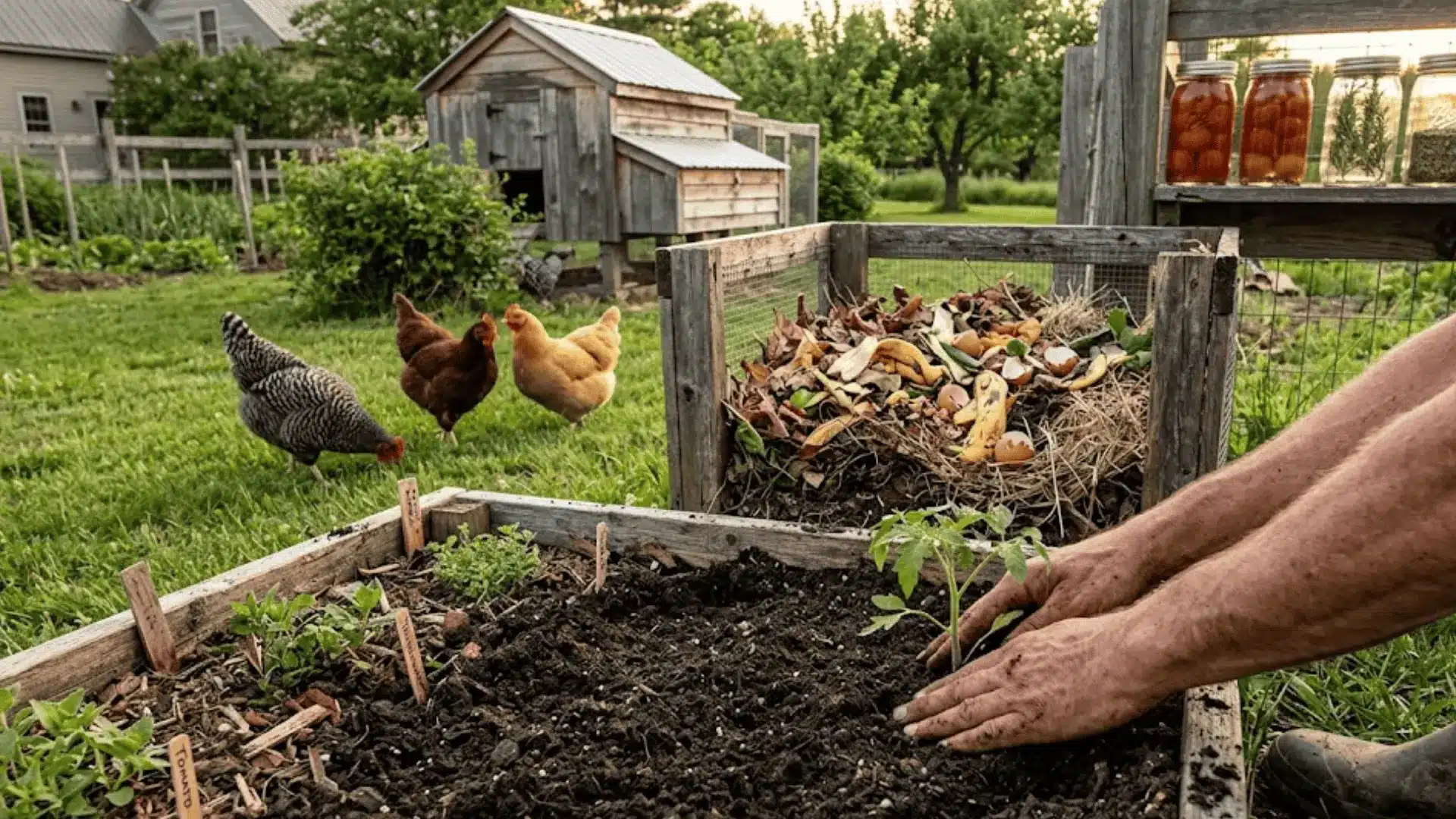 hands planting seedlings in a raised garden bed with compost, hens, and mason jars in a backyard