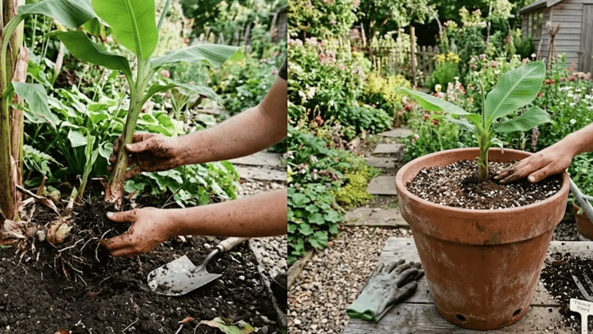 hands separating a banana sucker from a mother plant beside a terracotta pot being prepared for container planting