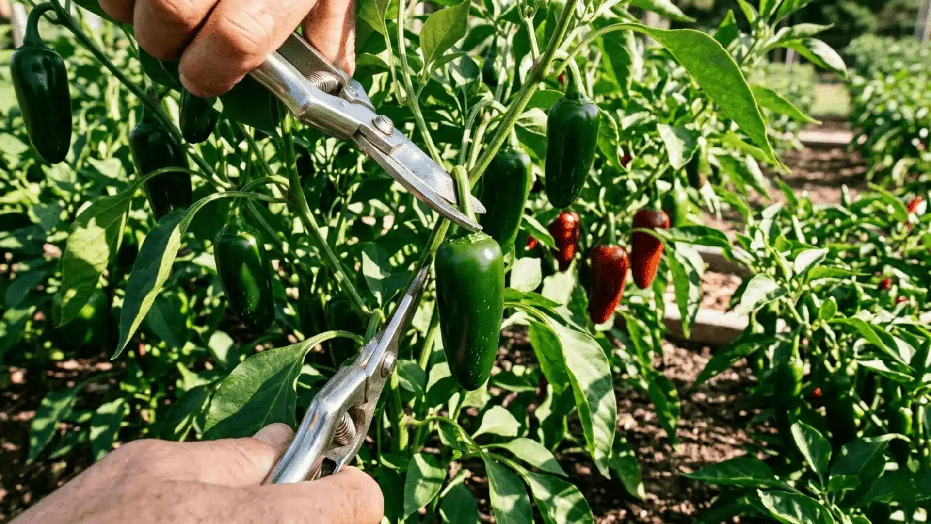 hands using pruning shears to harvest a firm glossy green jalapeño from a productive outdoor pepper plant