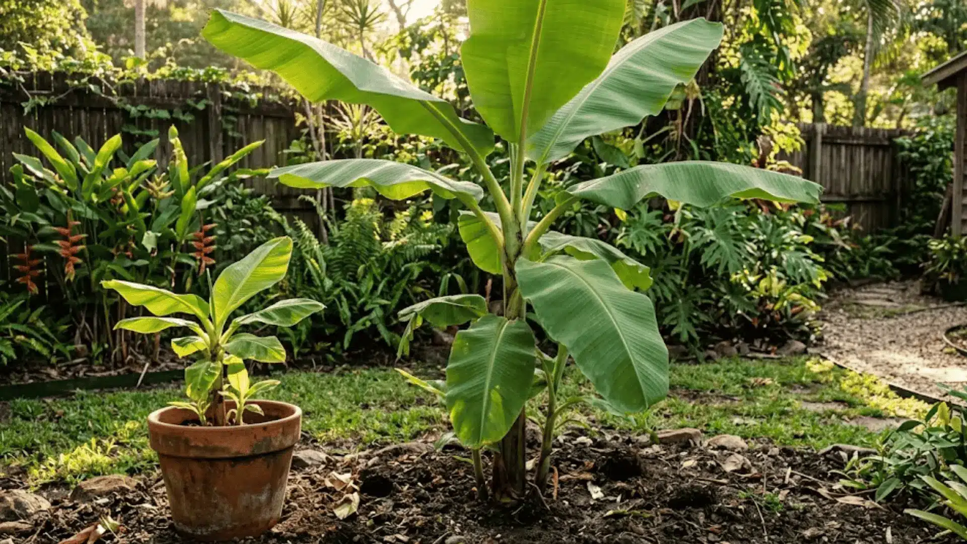 healthy banana plant with broad green leaves growing in a sunlit home garden with a terracotta pot nearby