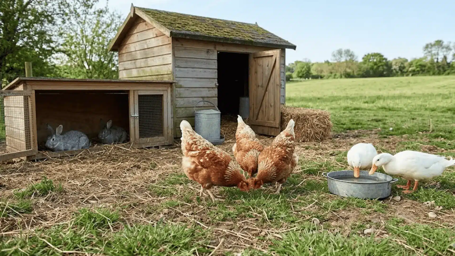 hens, ducks, and rabbits sharing a sunlit backyard space beside a rustic wooden shelter and feed bucket