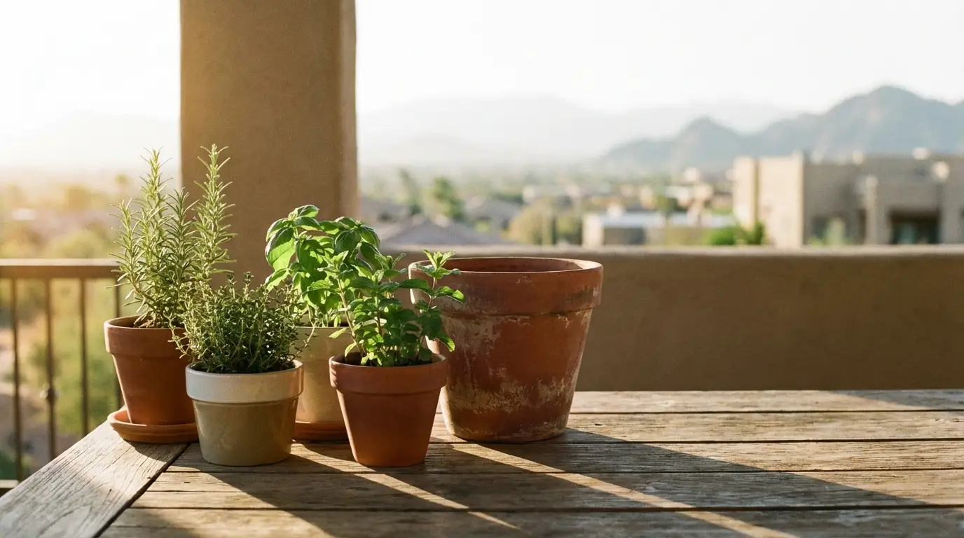 Potted herbs on rustic wooden table with mountainous backdrop in soft sunlight