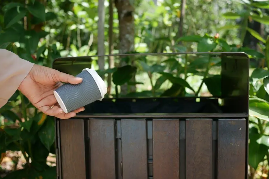 Hand placing paper cup into outdoor wooden bin surrounded by greenery
