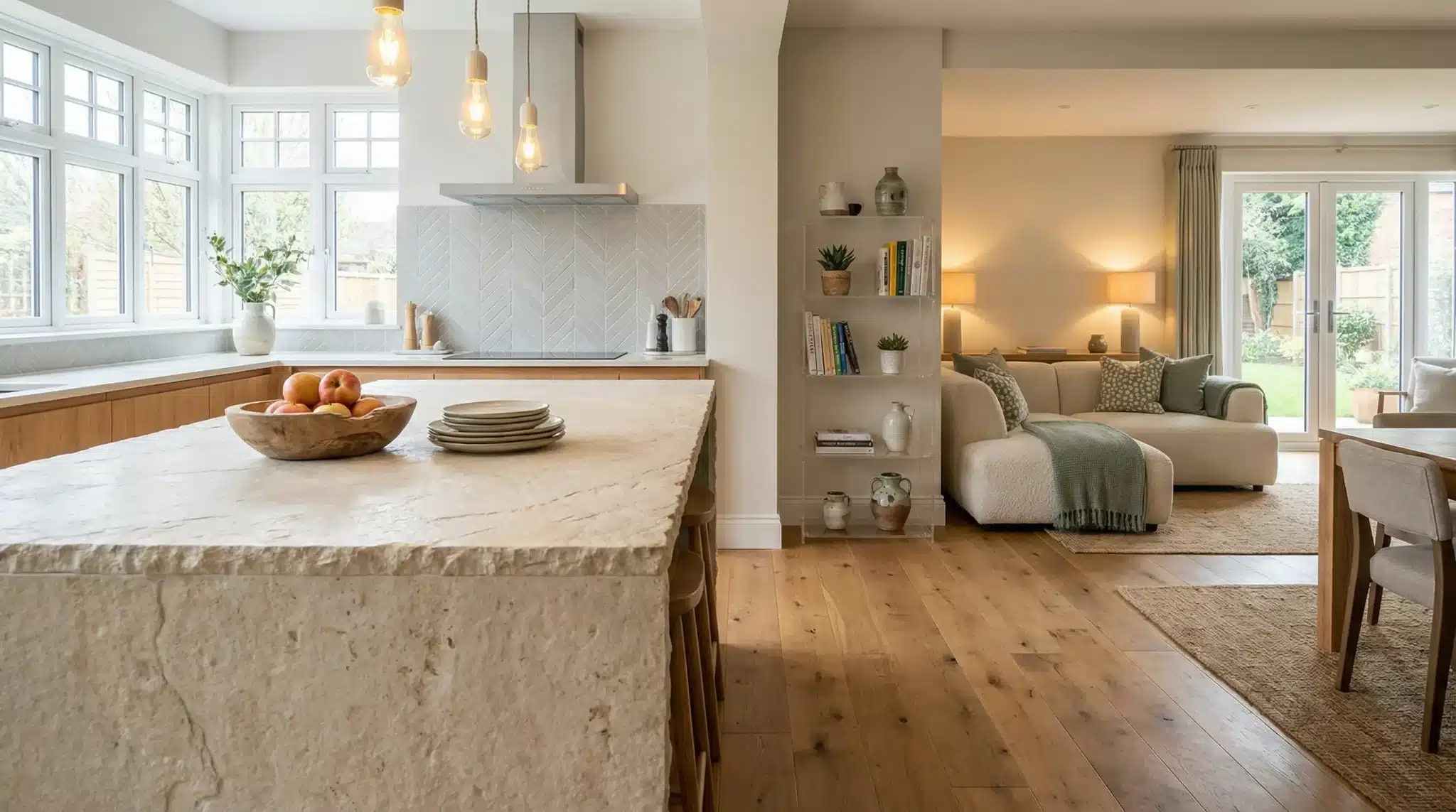Modern open-concept kitchen and living room with stone island and cozy seating area