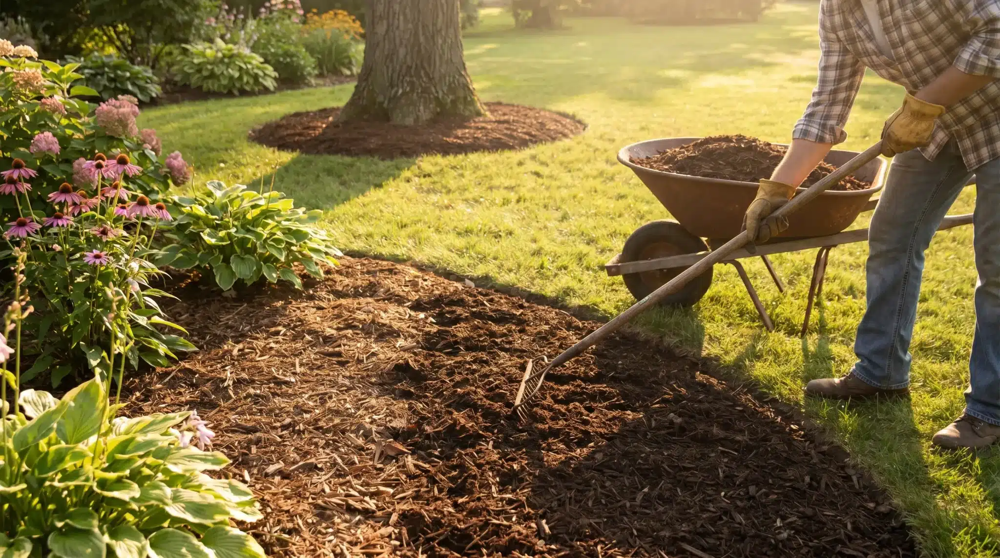 Person spreading mulch with a rake in a sunny garden, flowers and wheelbarrow nearby