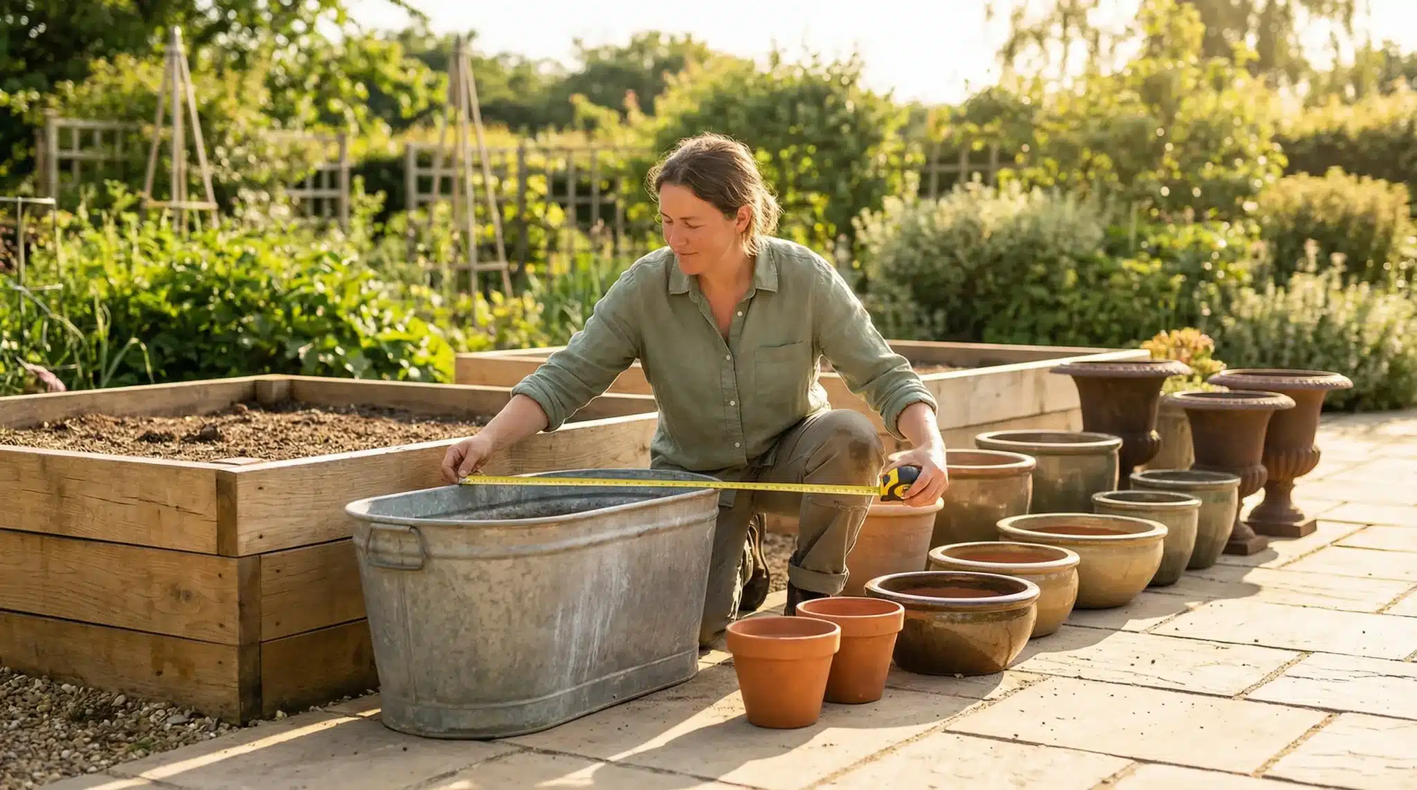 Gardener measuring galvanized tub surrounded by flower pots in sunny outdoor garden